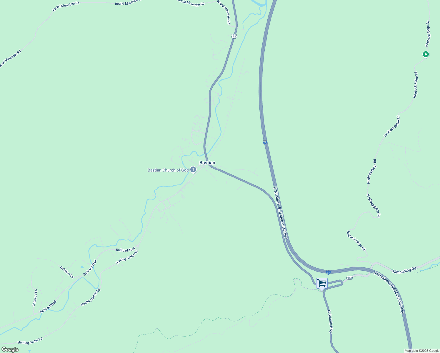 map of restaurants, bars, coffee shops, grocery stores, and more near Crooked Branch Lane in Bastian
