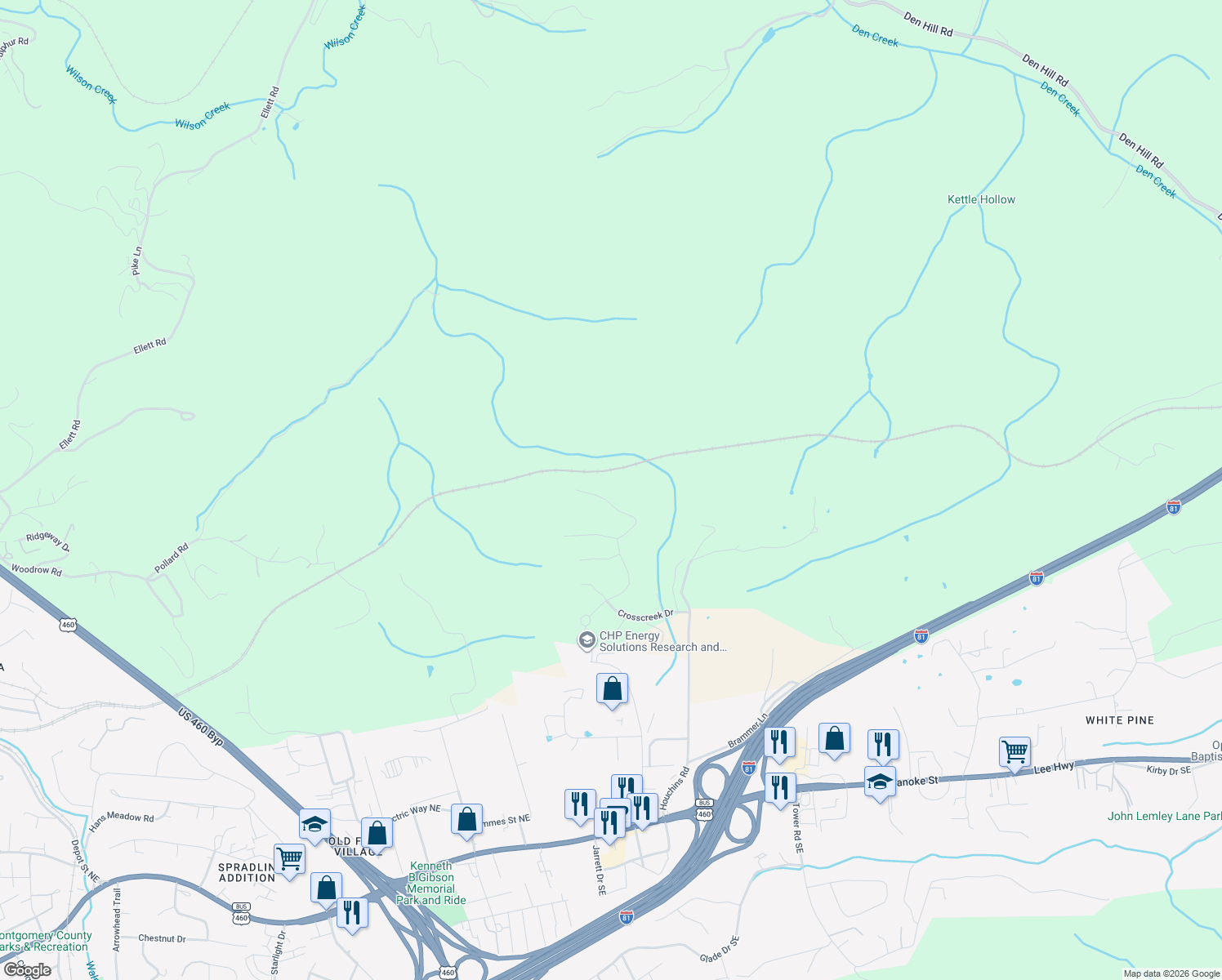 map of restaurants, bars, coffee shops, grocery stores, and more near 1014 Brooklyn Avenue in Christiansburg