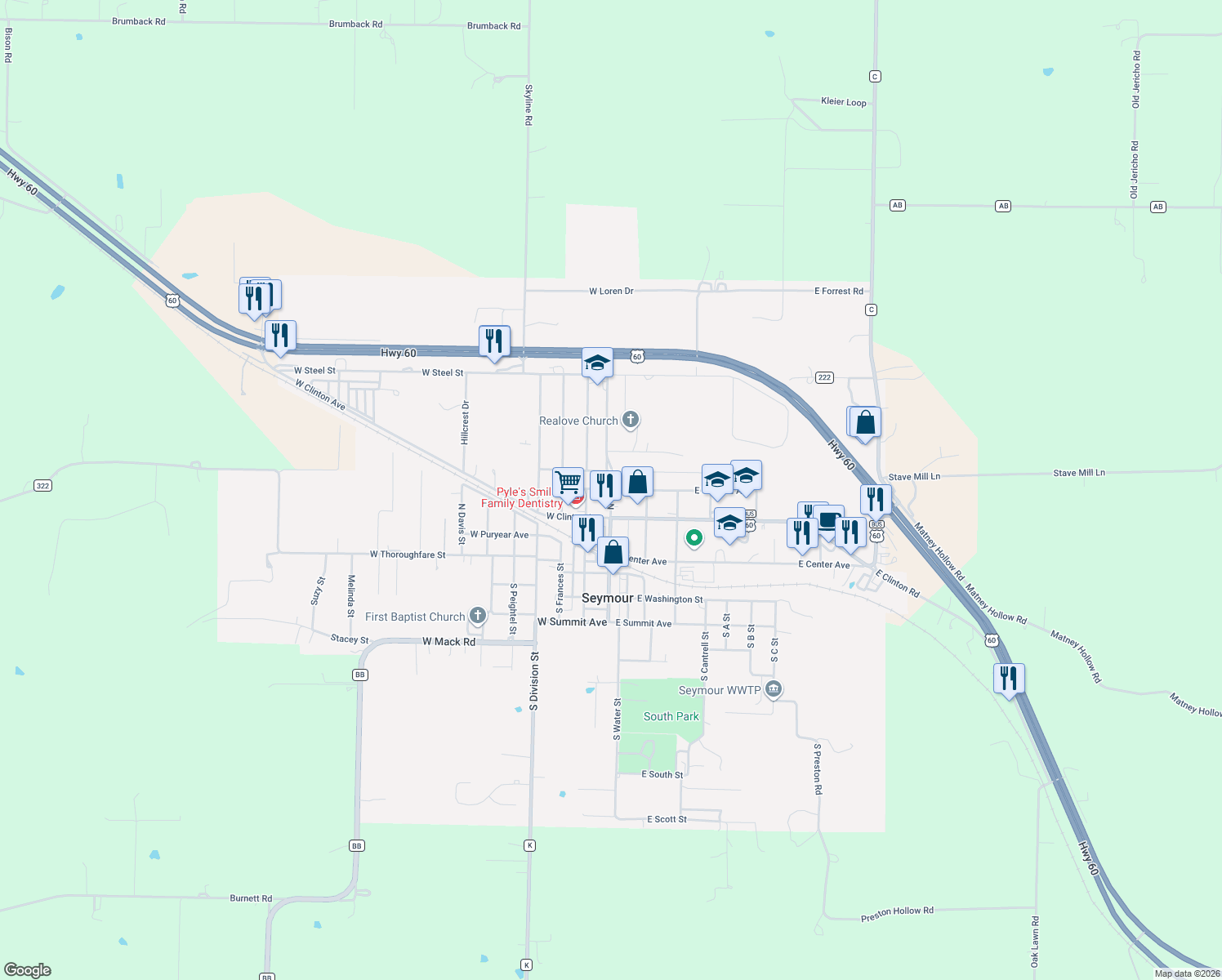 map of restaurants, bars, coffee shops, grocery stores, and more near 100 West Garfield Avenue in Seymour