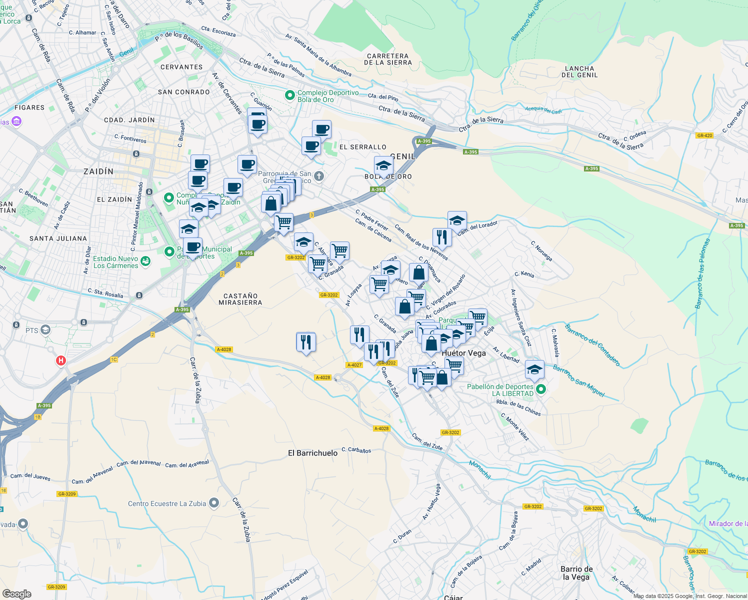 map of restaurants, bars, coffee shops, grocery stores, and more near 3 Calle Mirto in Huétor Vega