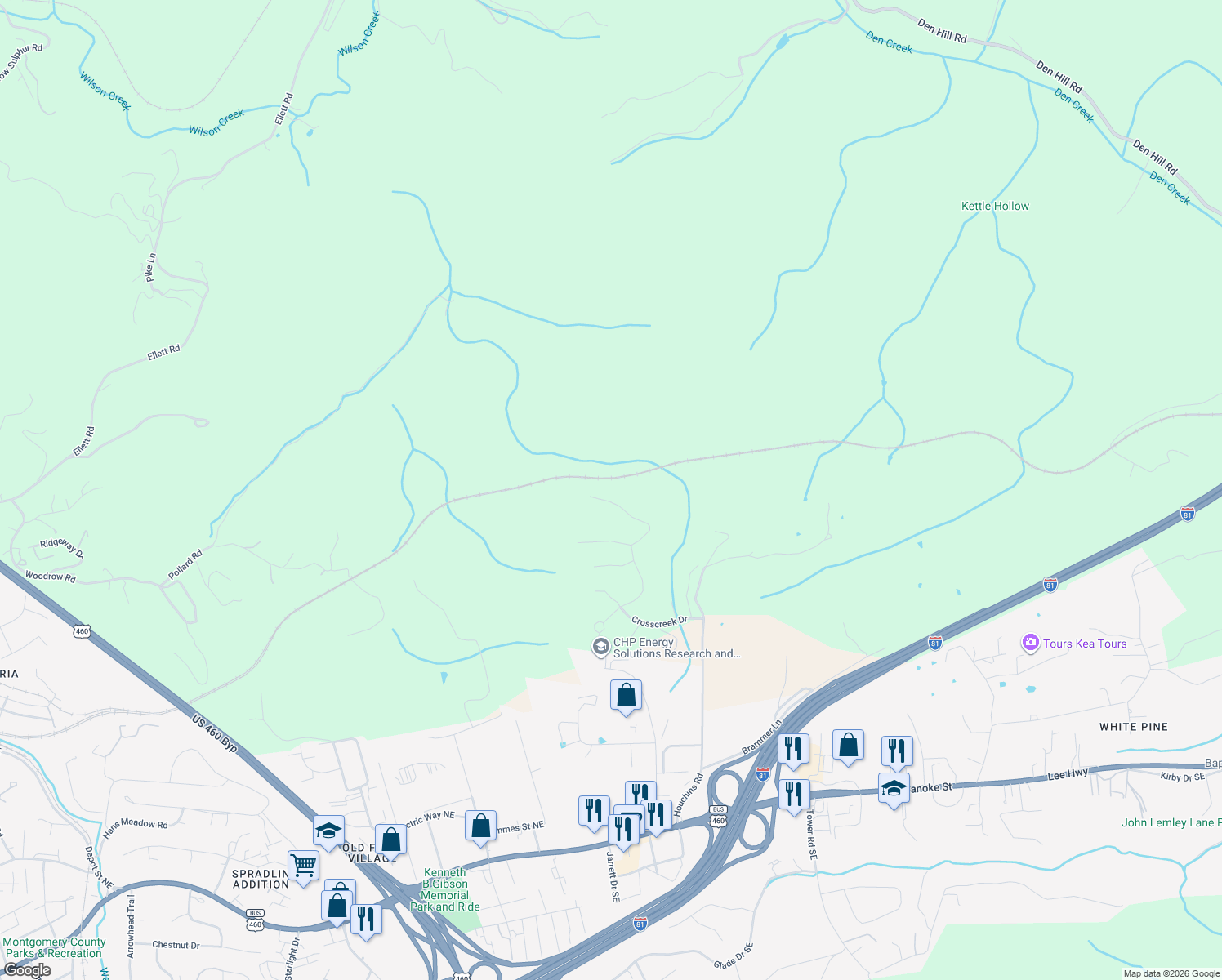 map of restaurants, bars, coffee shops, grocery stores, and more near 1015 Brooklyn Avenue in Christiansburg