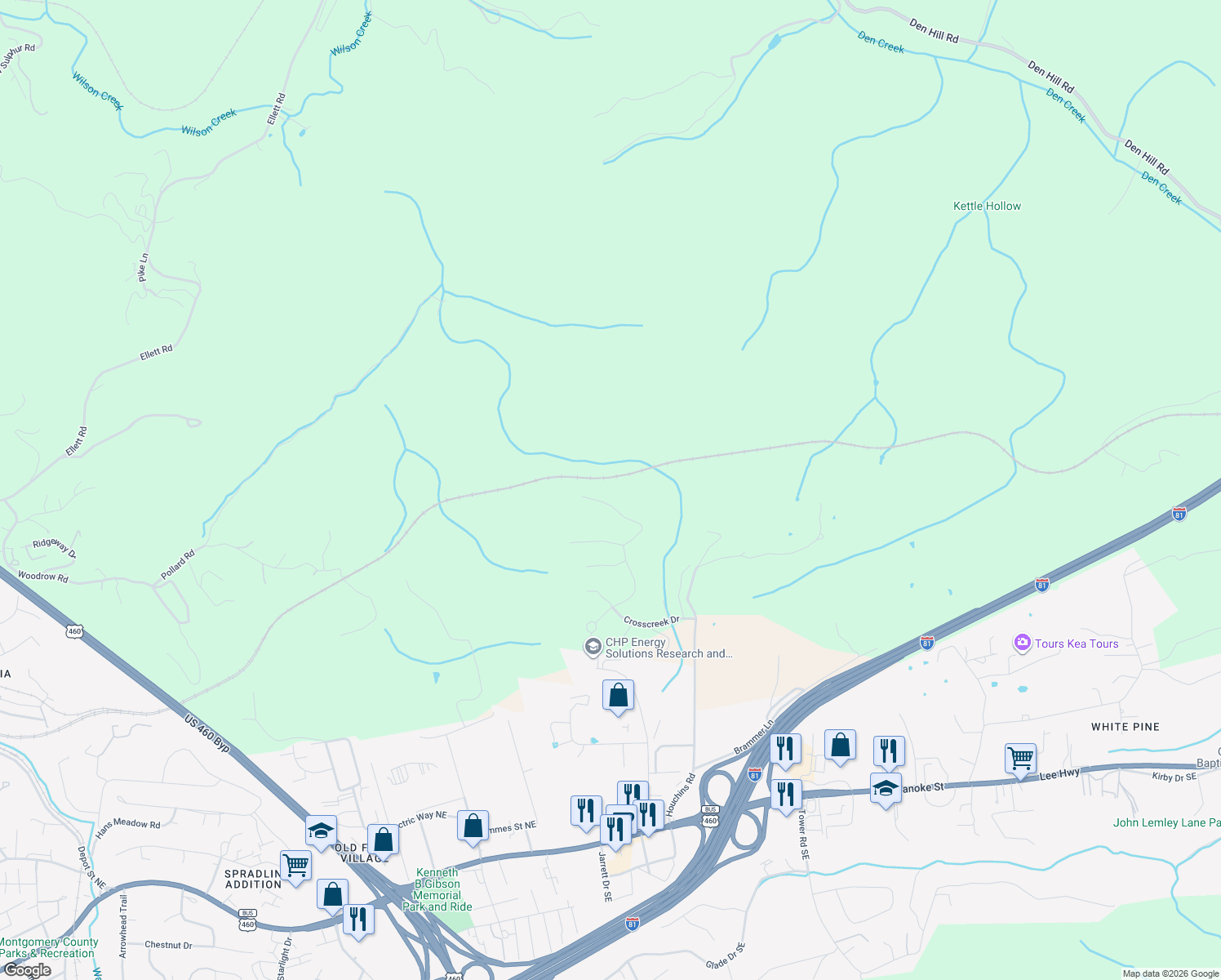 map of restaurants, bars, coffee shops, grocery stores, and more near 1014 Brooklyn Avenue in Christiansburg