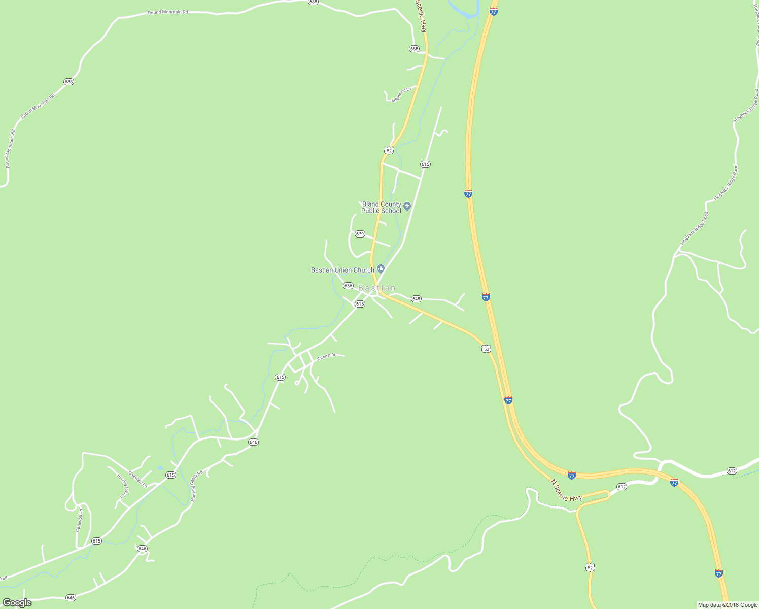 map of restaurants, bars, coffee shops, grocery stores, and more near Crooked Branch Lane in Bastian