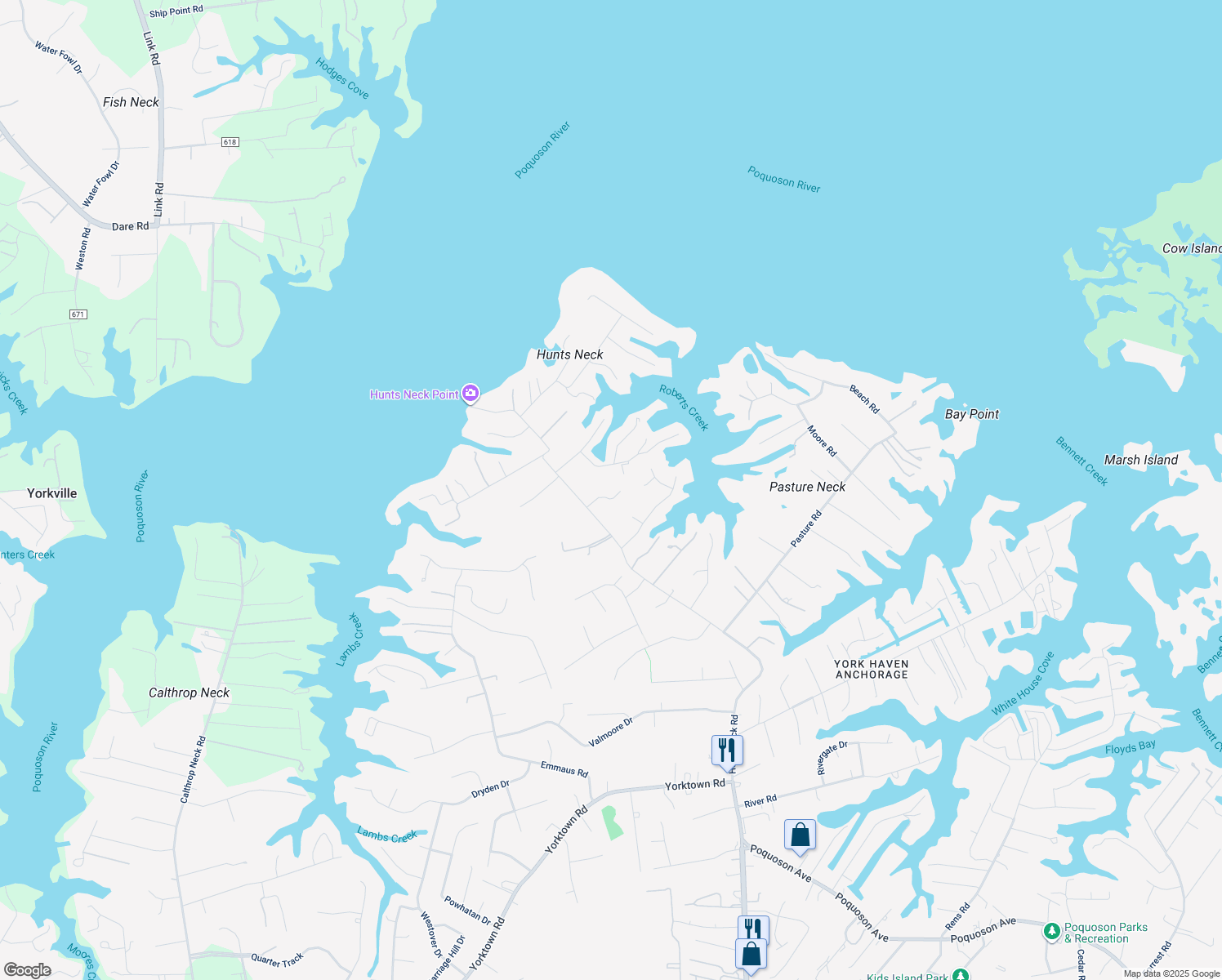 map of restaurants, bars, coffee shops, grocery stores, and more near 234 Hunts Neck Road in Poquoson