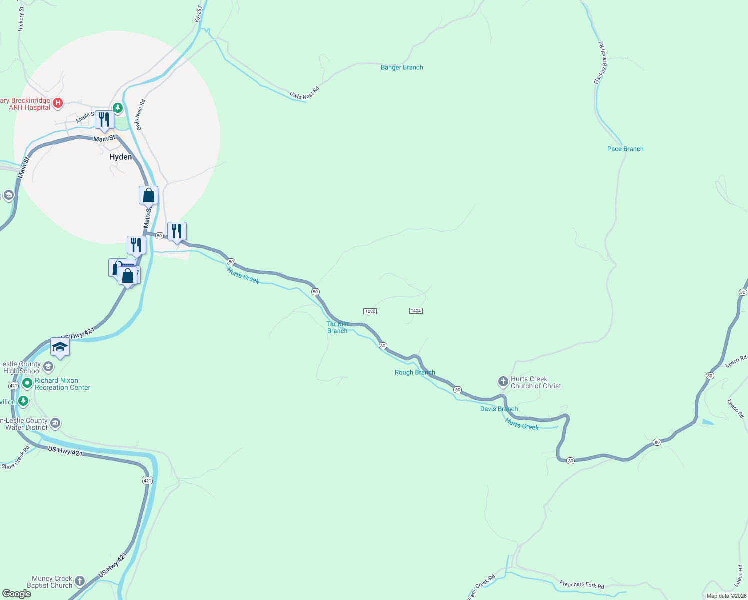map of restaurants, bars, coffee shops, grocery stores, and more near JC Osborn Boulevard in Hyden