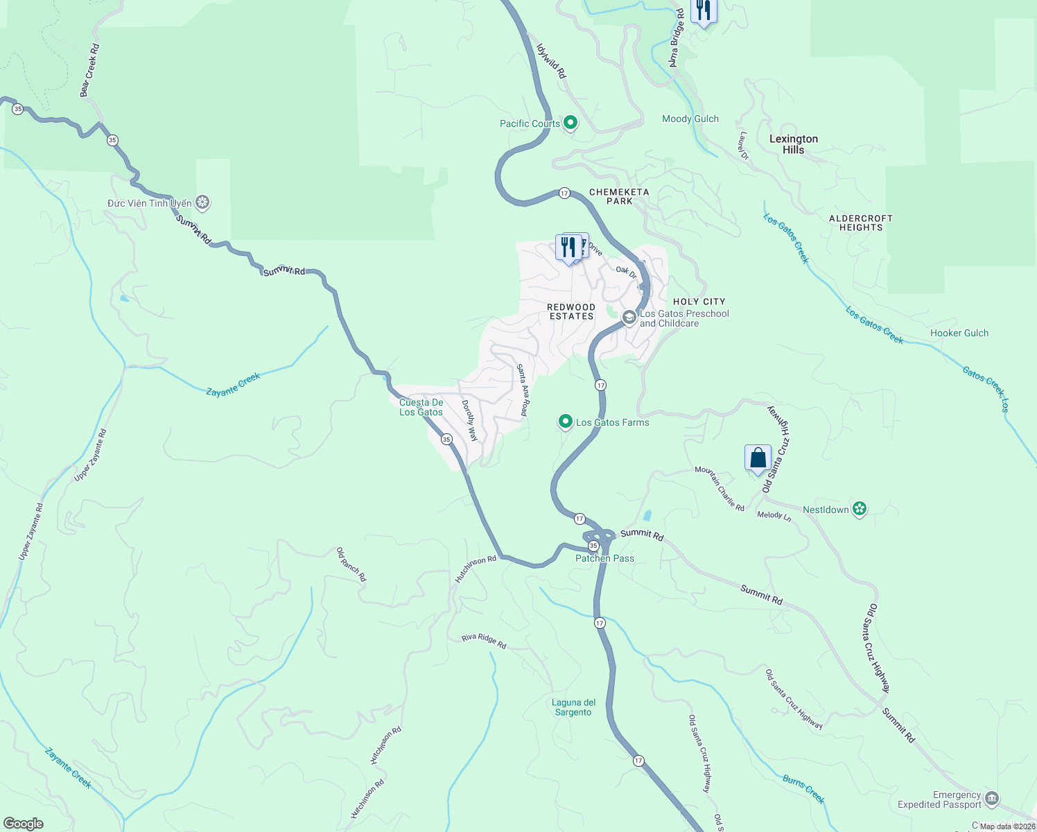 map of restaurants, bars, coffee shops, grocery stores, and more near 18125 Santa Ana Road in Los Gatos