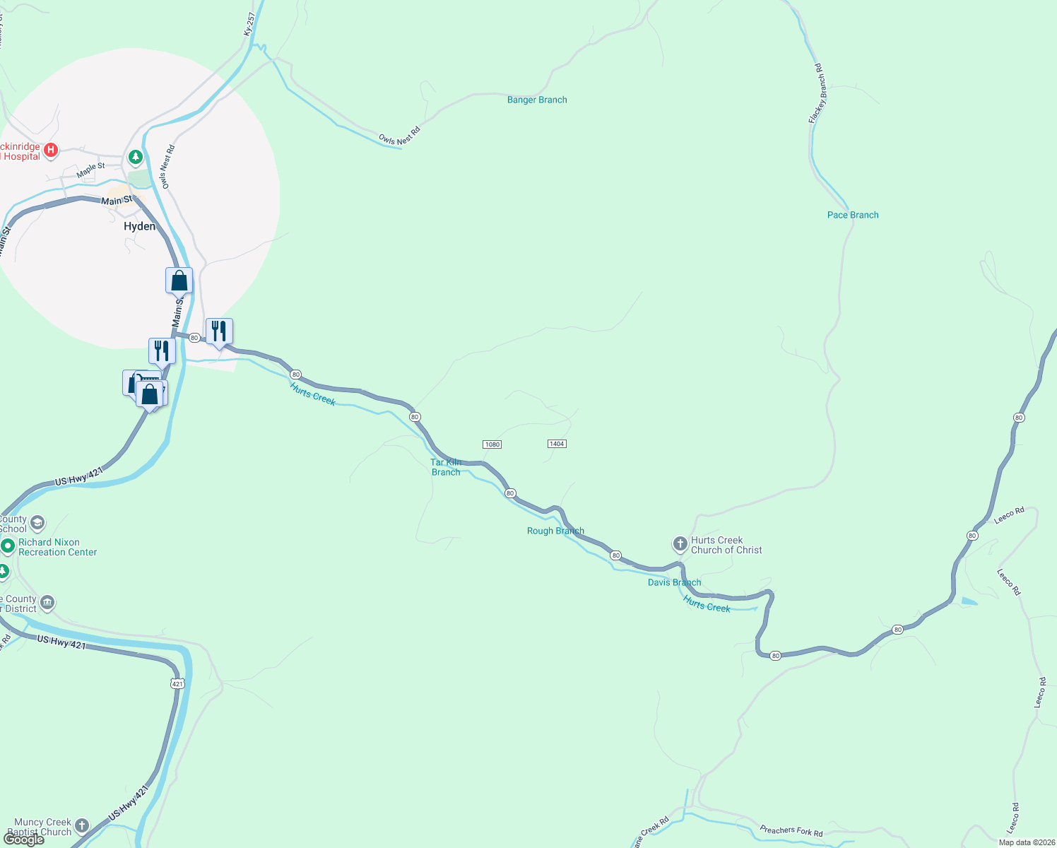 map of restaurants, bars, coffee shops, grocery stores, and more near JC Osborne Boulevard in Leslie County