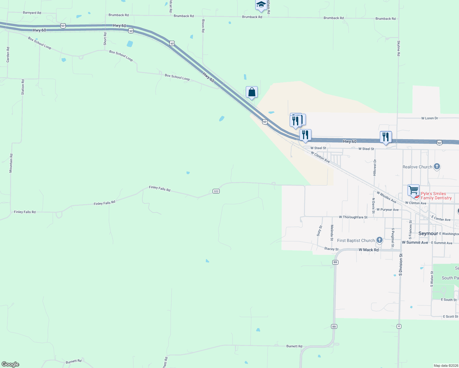 map of restaurants, bars, coffee shops, grocery stores, and more near Finley Falls Road in Seymour