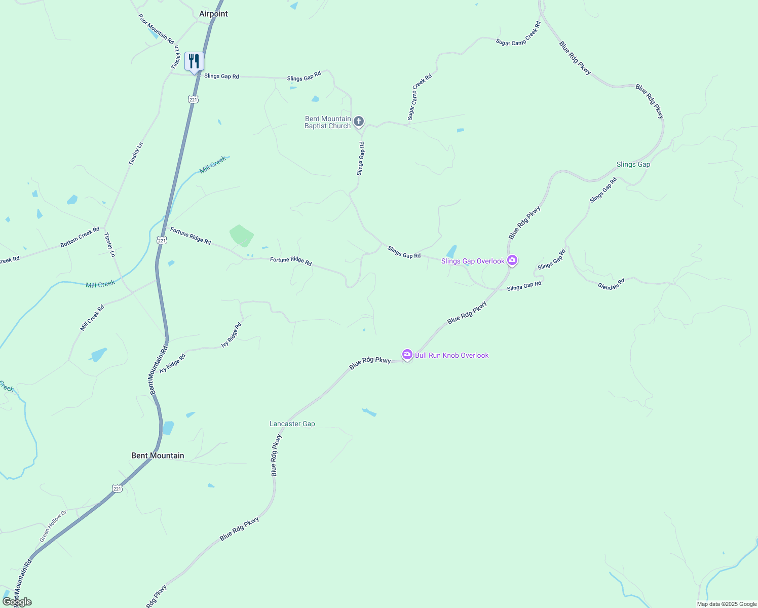 map of restaurants, bars, coffee shops, grocery stores, and more near 10480 Lancaster Road in Bent Mountain