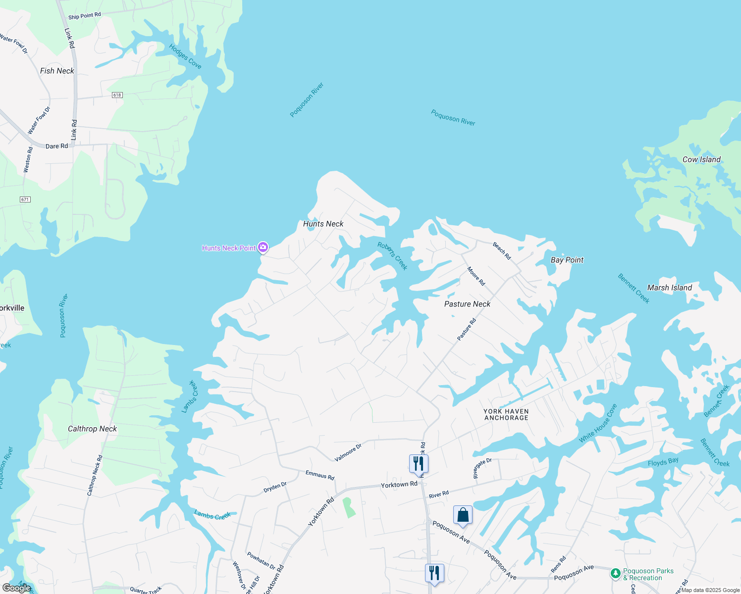 map of restaurants, bars, coffee shops, grocery stores, and more near 5 Bessies Landing Drive in Poquoson