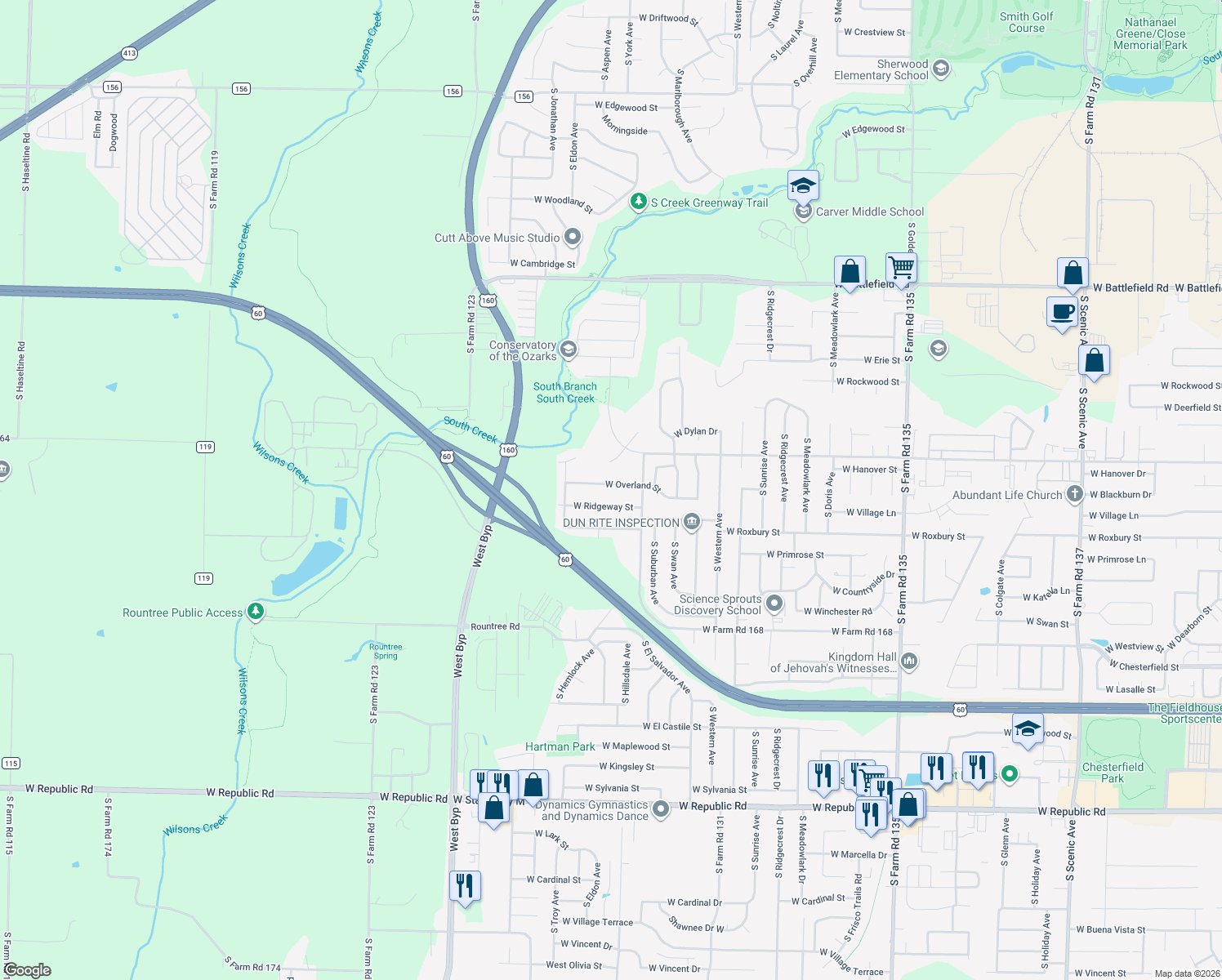 map of restaurants, bars, coffee shops, grocery stores, and more near 3780 West Overland Street in Springfield
