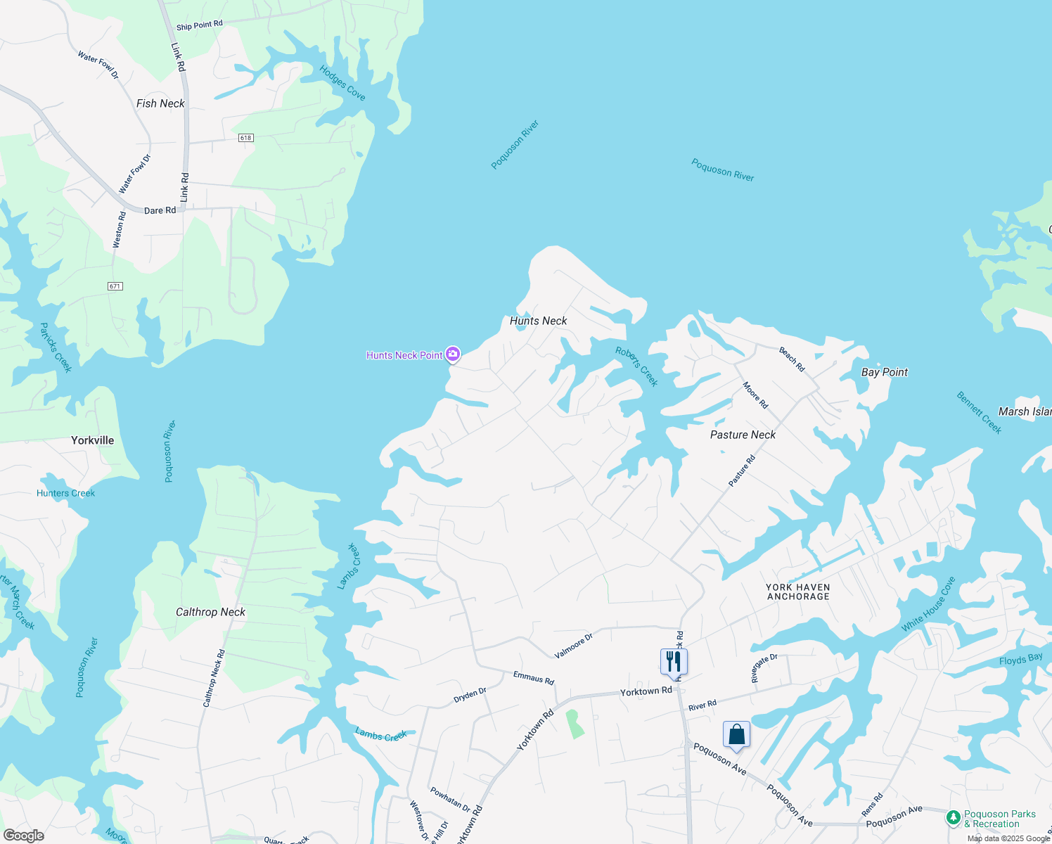 map of restaurants, bars, coffee shops, grocery stores, and more near 246 Hunts Neck Road in Poquoson