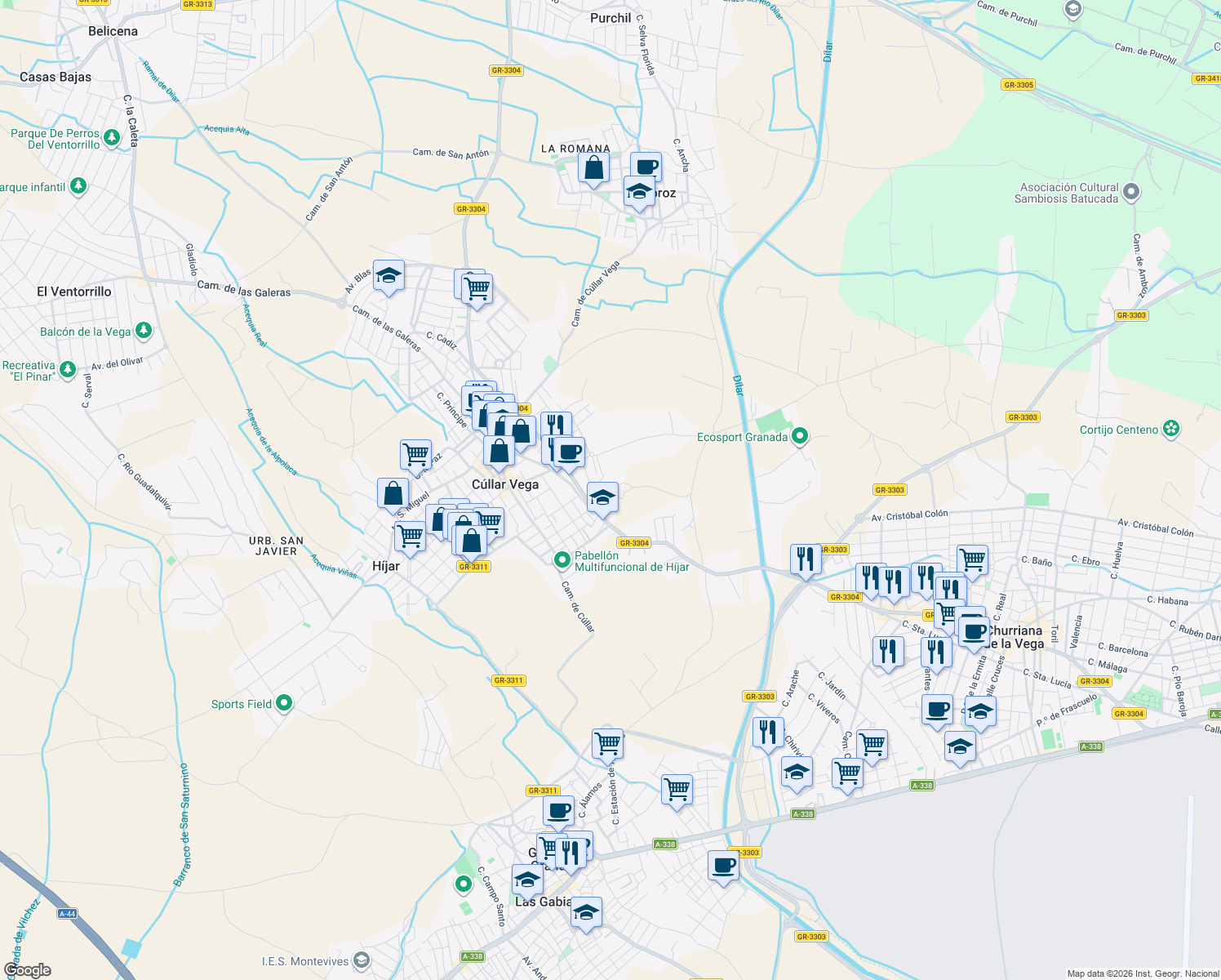 map of restaurants, bars, coffee shops, grocery stores, and more near 30 Calle Aben Tofail in Cúllar Vega