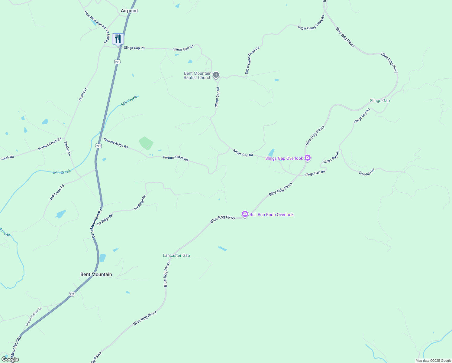 map of restaurants, bars, coffee shops, grocery stores, and more near 10480 Lancaster Road in Bent Mountain