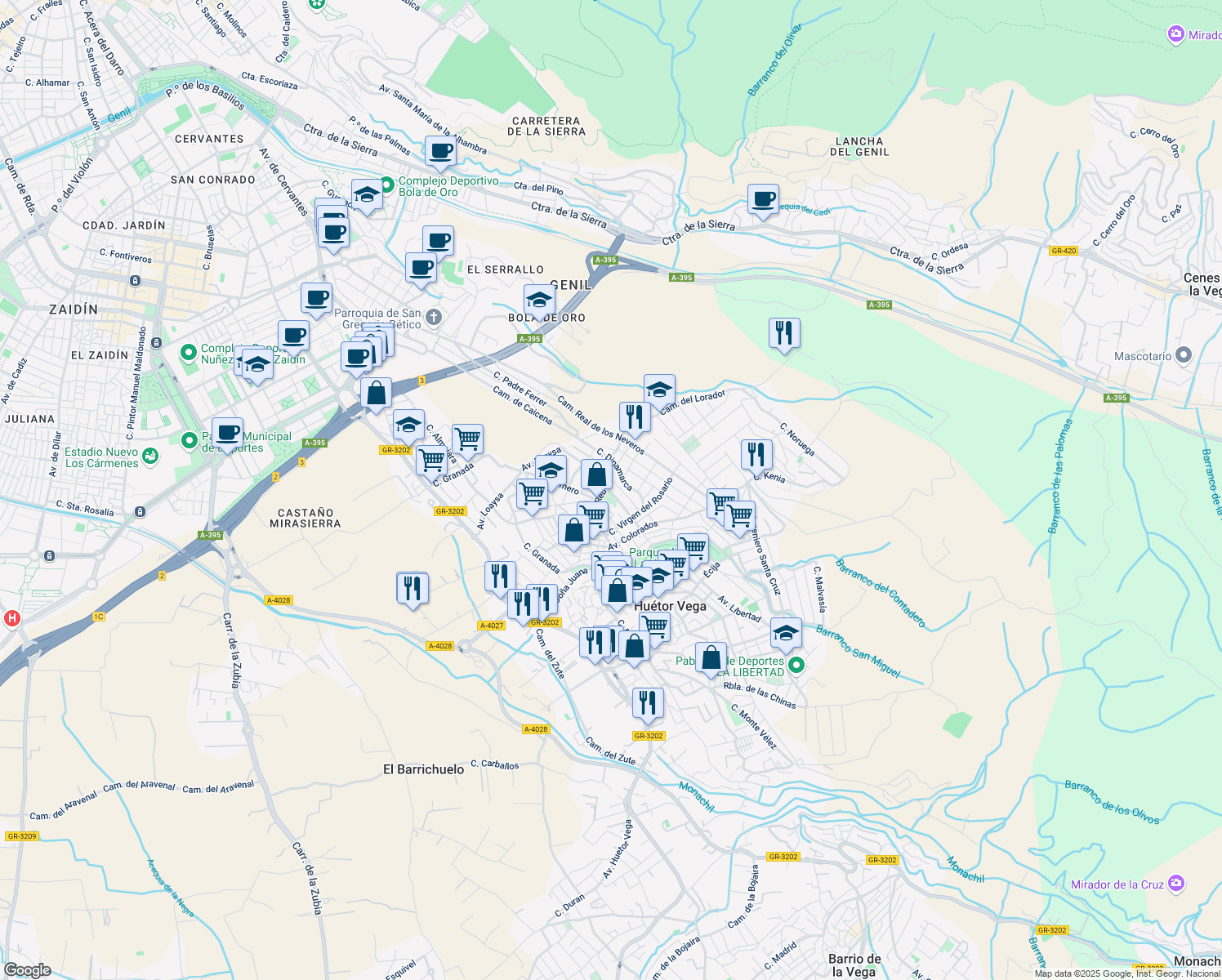 map of restaurants, bars, coffee shops, grocery stores, and more near 26 Avenida Madrid in Huétor Vega