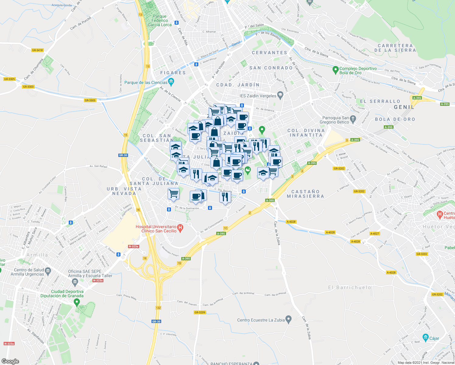 map of restaurants, bars, coffee shops, grocery stores, and more near 34 Travesía Ebro in Granada