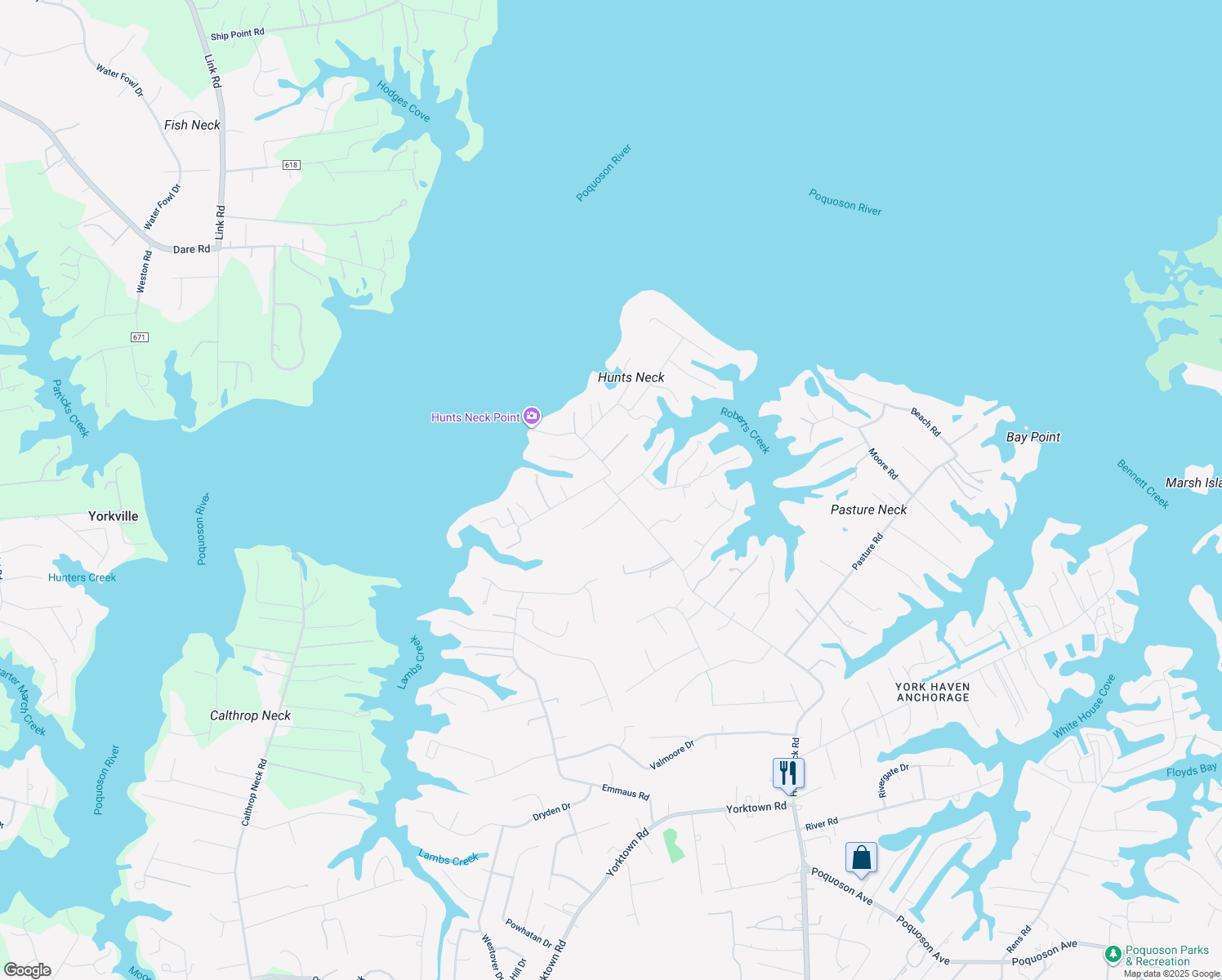 map of restaurants, bars, coffee shops, grocery stores, and more near 249 Hunts Neck Road in Poquoson