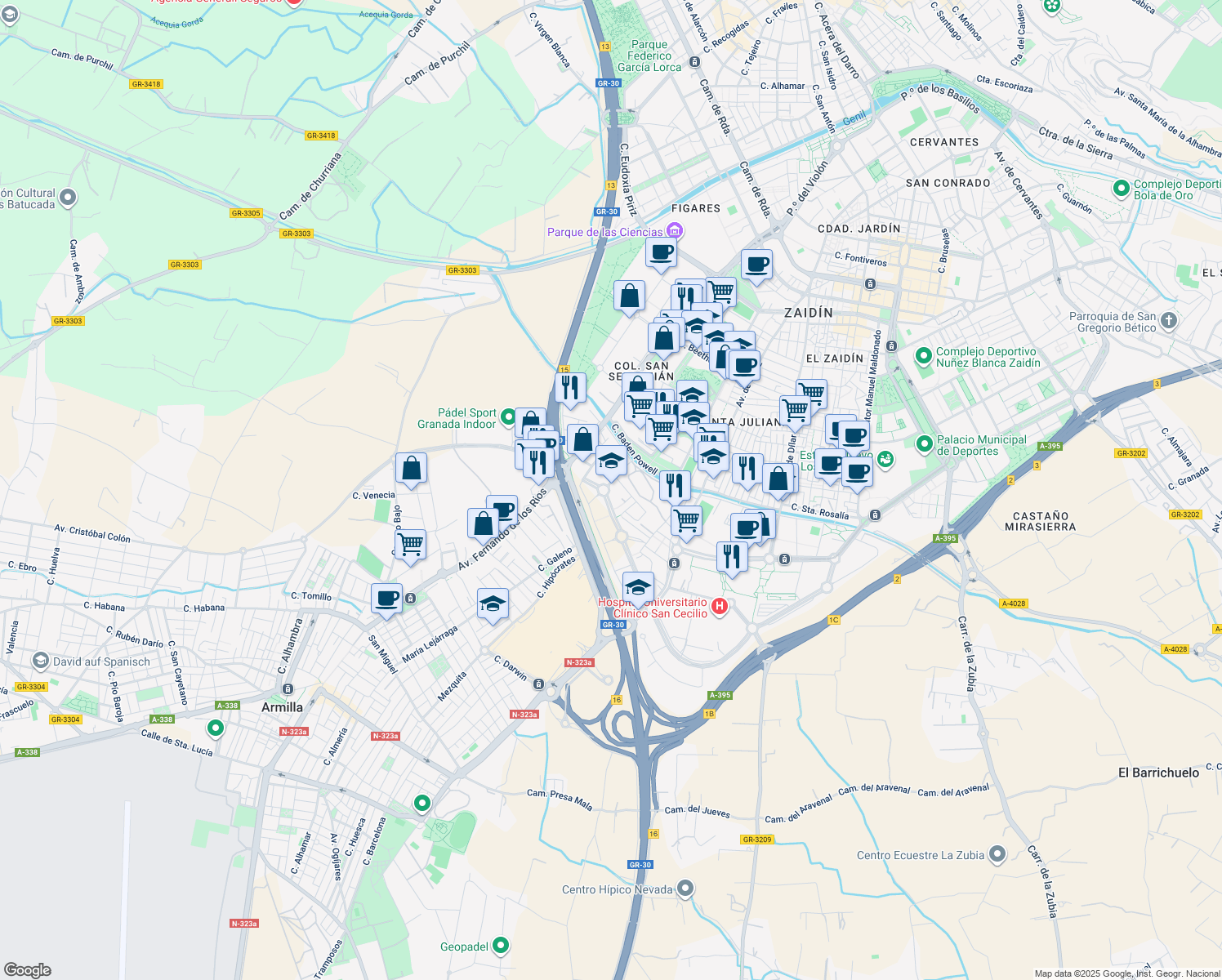 map of restaurants, bars, coffee shops, grocery stores, and more near 5 Avenida del Conocimiento in Granada