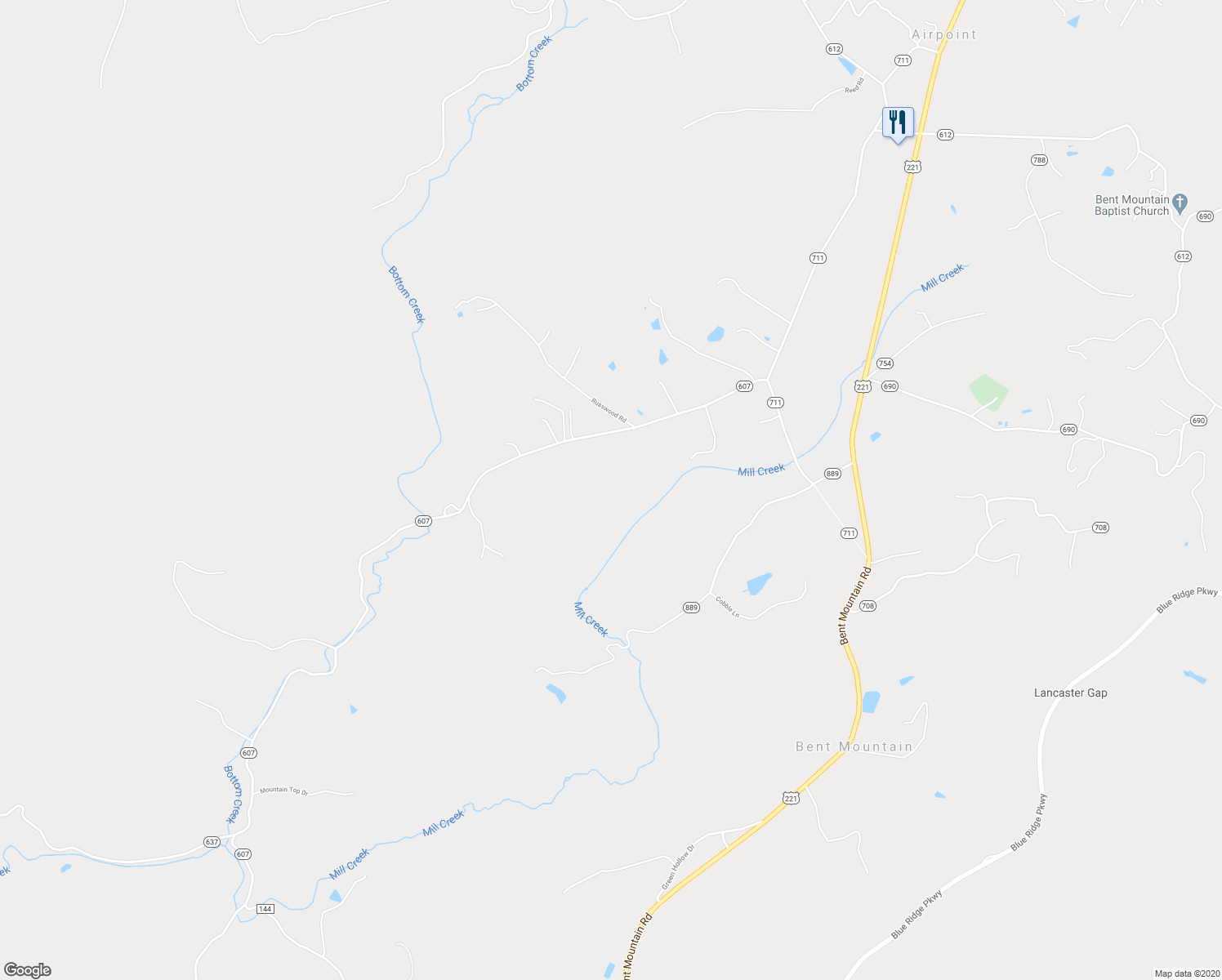 map of restaurants, bars, coffee shops, grocery stores, and more near in Bent Mountain