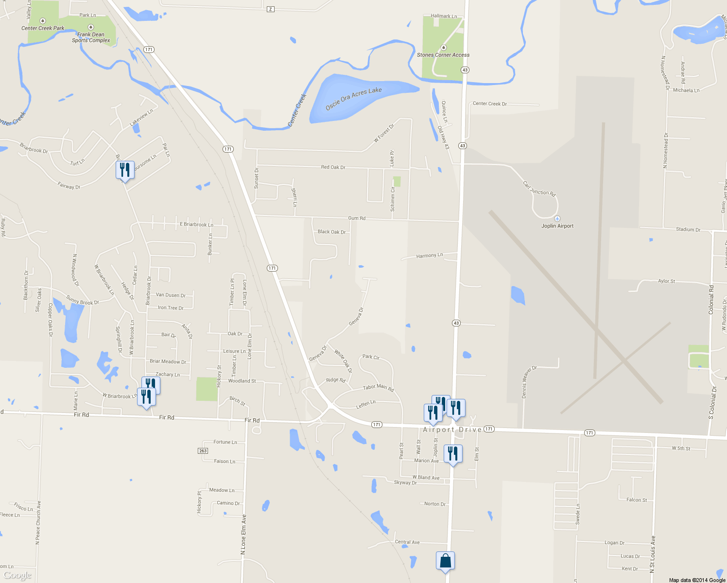 map of restaurants, bars, coffee shops, grocery stores, and more near Brussels Drive in Joplin