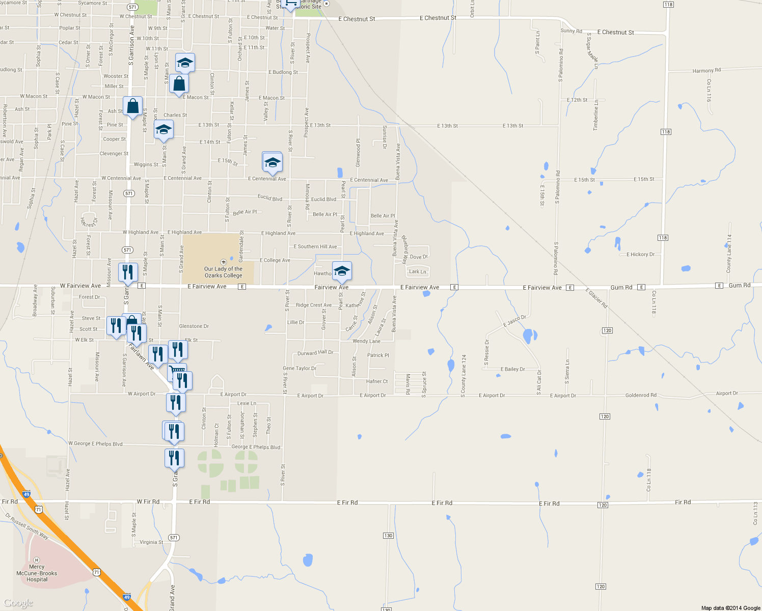 map of restaurants, bars, coffee shops, grocery stores, and more near 2032 Alison Street in Carthage