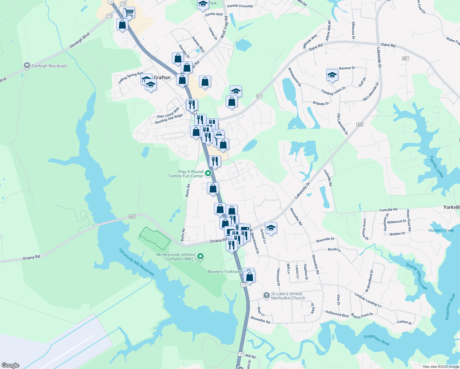 map of restaurants, bars, coffee shops, grocery stores, and more near 112 Shrewsbury Square in Yorktown