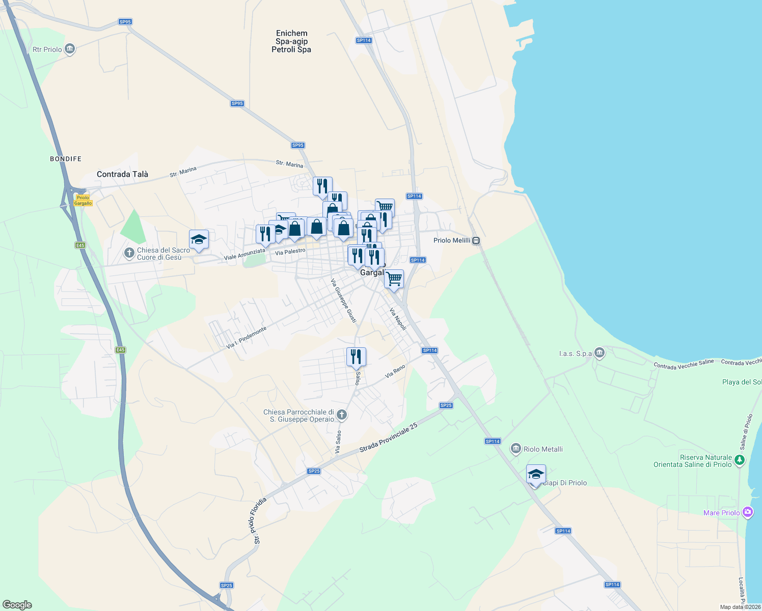 map of restaurants, bars, coffee shops, grocery stores, and more near 30 Via Niccolò Paganini in Priolo Gargallo