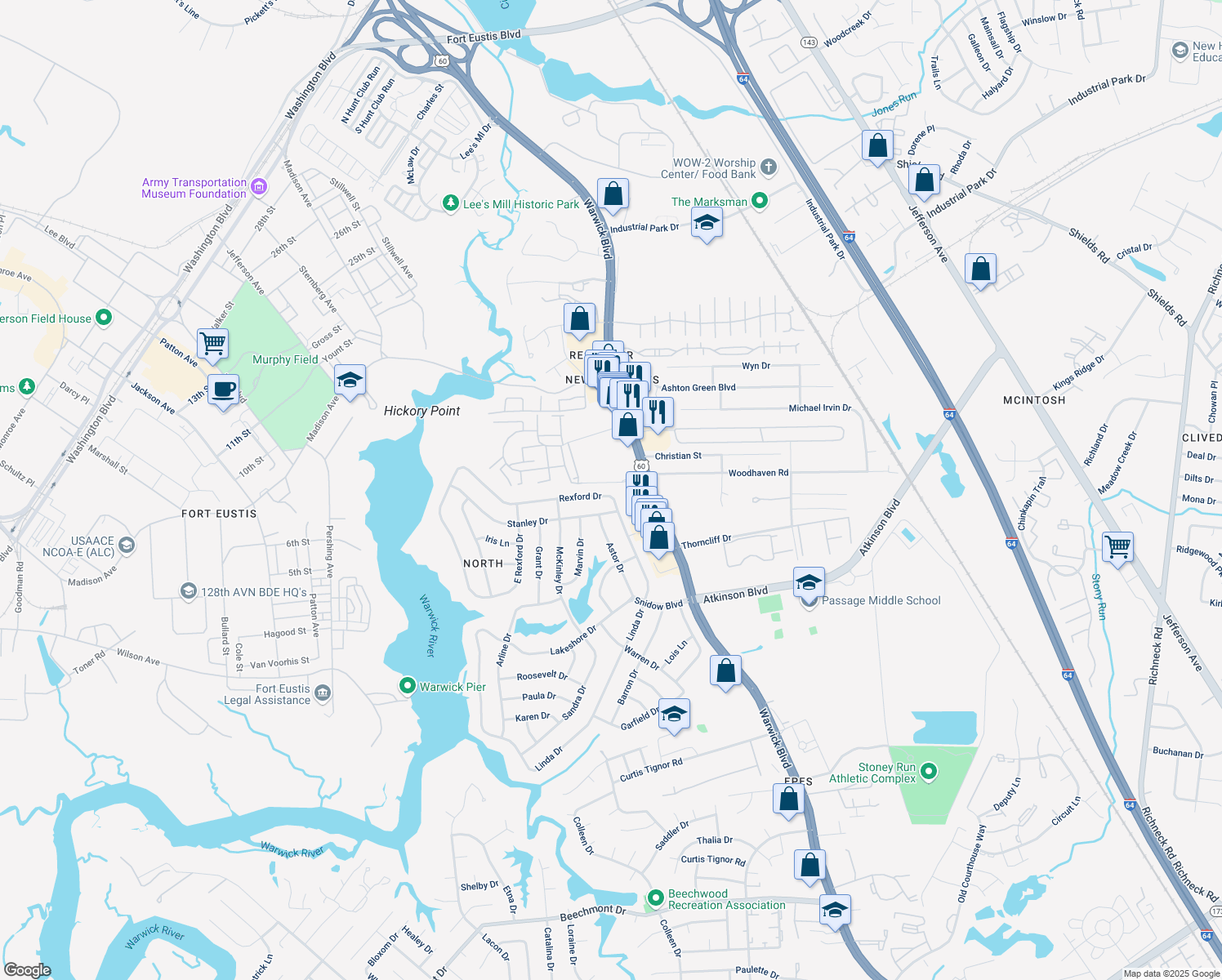 map of restaurants, bars, coffee shops, grocery stores, and more near 46 Rexford Dr in Newport News