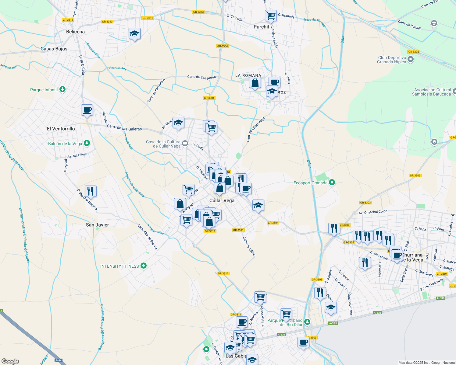 map of restaurants, bars, coffee shops, grocery stores, and more near 8 Calle Pio XII in Cúllar Vega