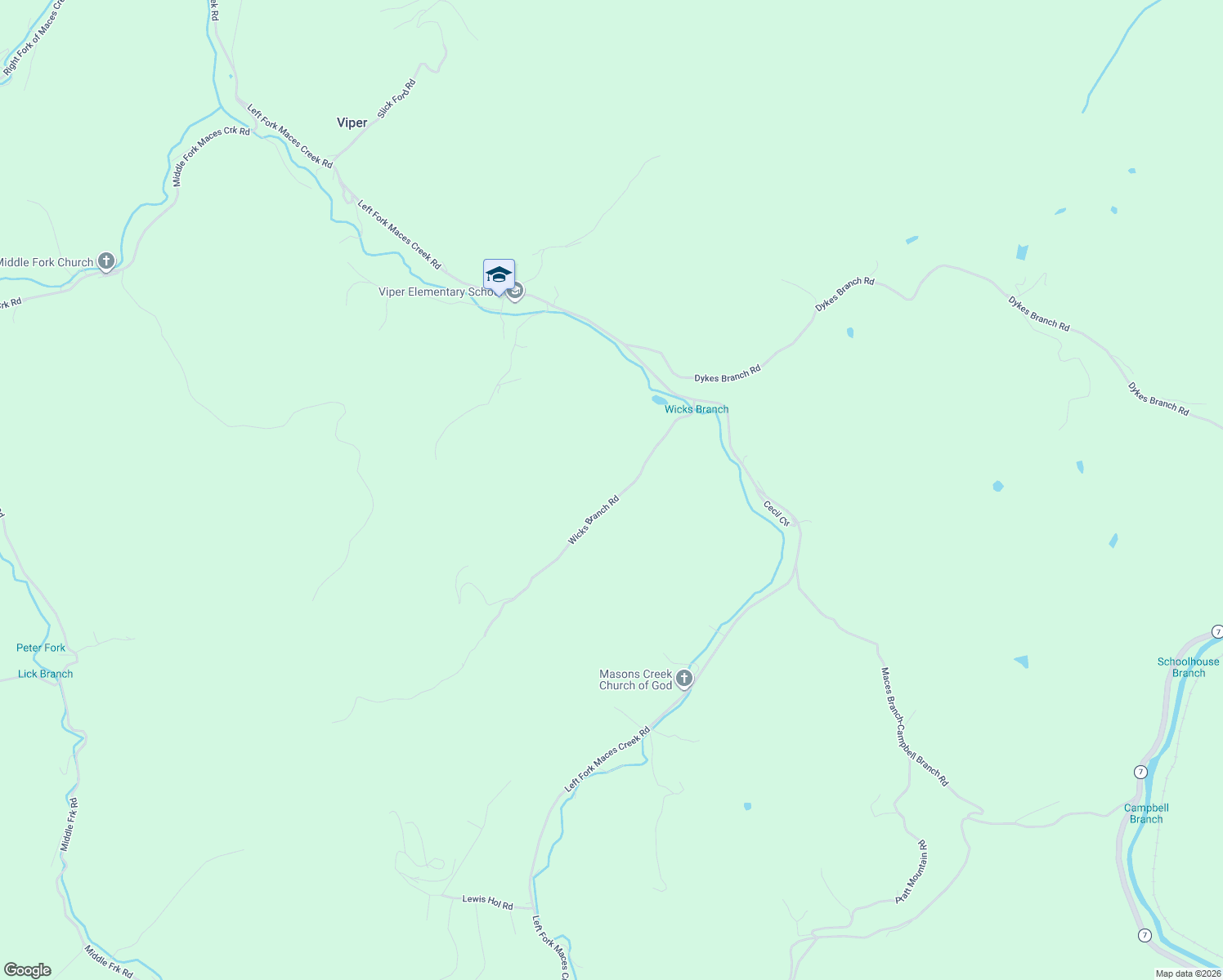 map of restaurants, bars, coffee shops, grocery stores, and more near Wicks Branch Road in Viper