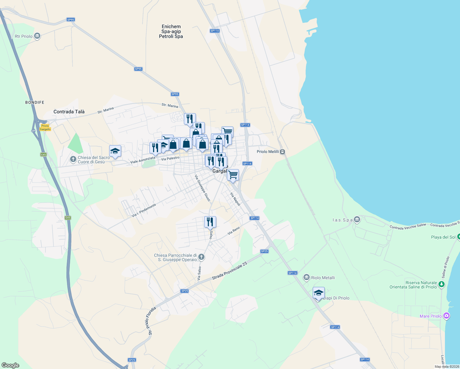 map of restaurants, bars, coffee shops, grocery stores, and more near 30 Via Niccolò Paganini in Priolo Gargallo