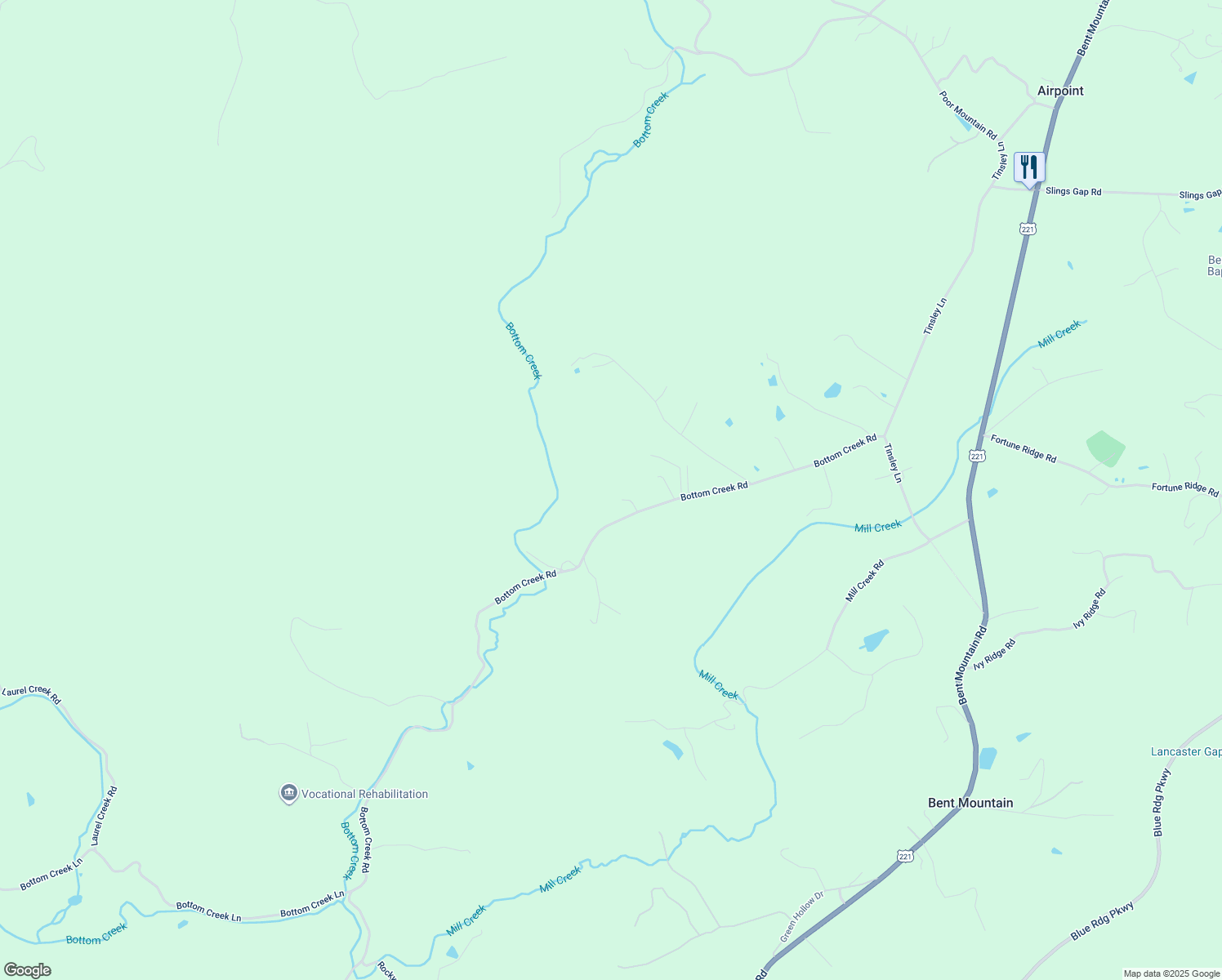 map of restaurants, bars, coffee shops, grocery stores, and more near 10435 Bottom Creek Road in Bent Mountain