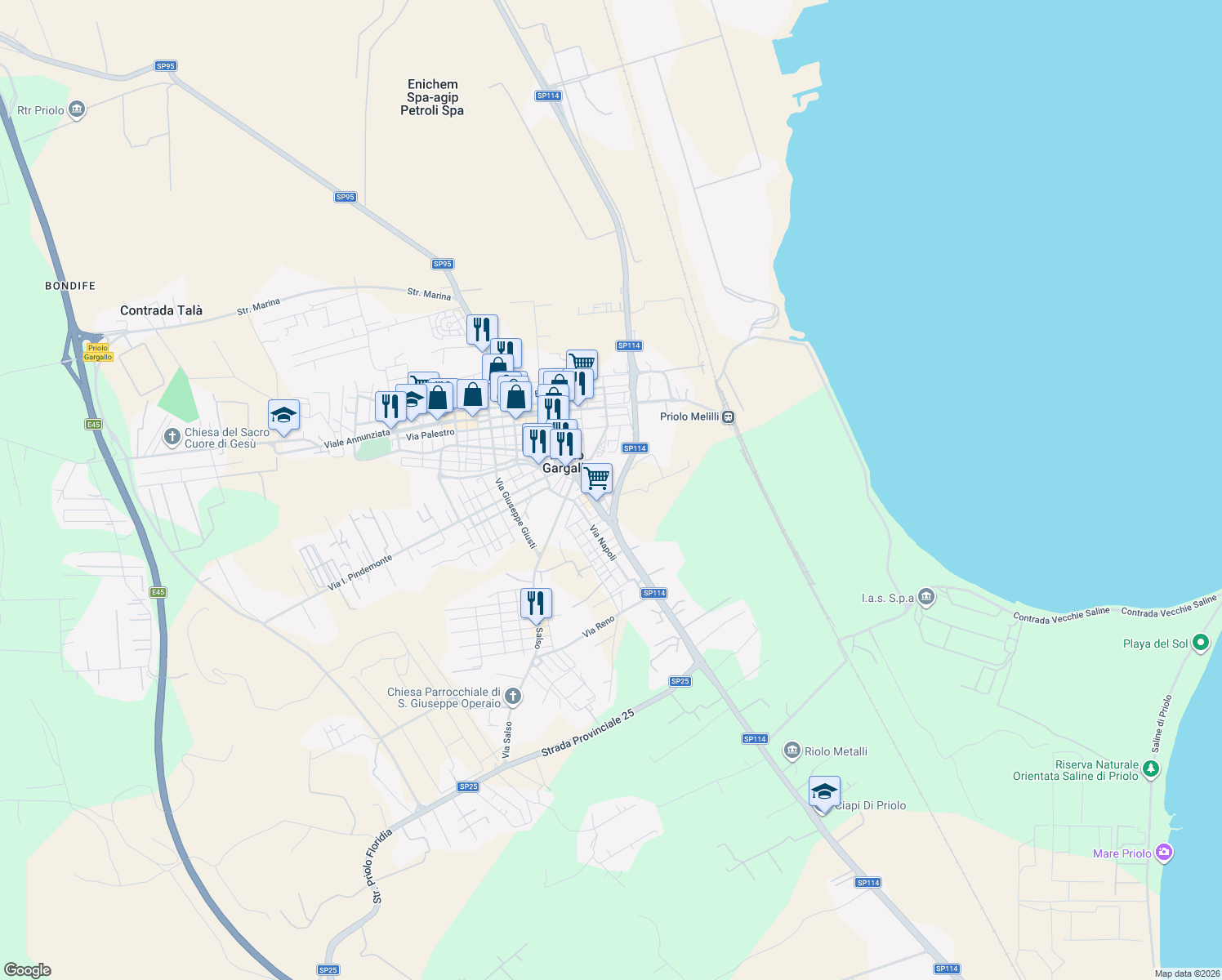 map of restaurants, bars, coffee shops, grocery stores, and more near 4 Via Marco Polo in Priolo Gargallo