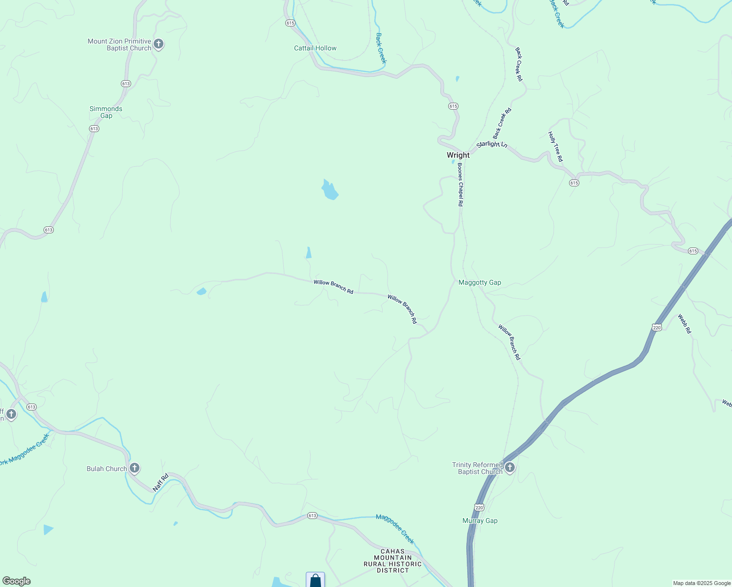 map of restaurants, bars, coffee shops, grocery stores, and more near Willow Branch Road in Boones Mill
