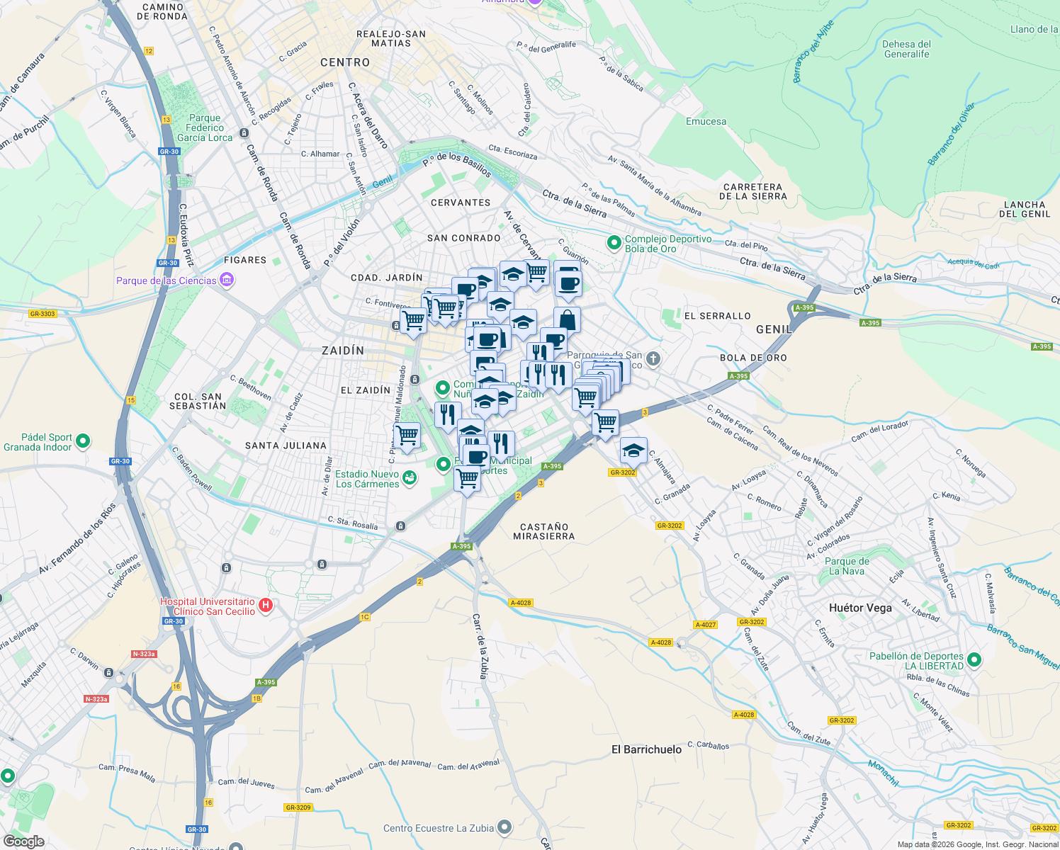 map of restaurants, bars, coffee shops, grocery stores, and more near 15 Plaza Gertrudis Gómez de Avellaneda in Granada