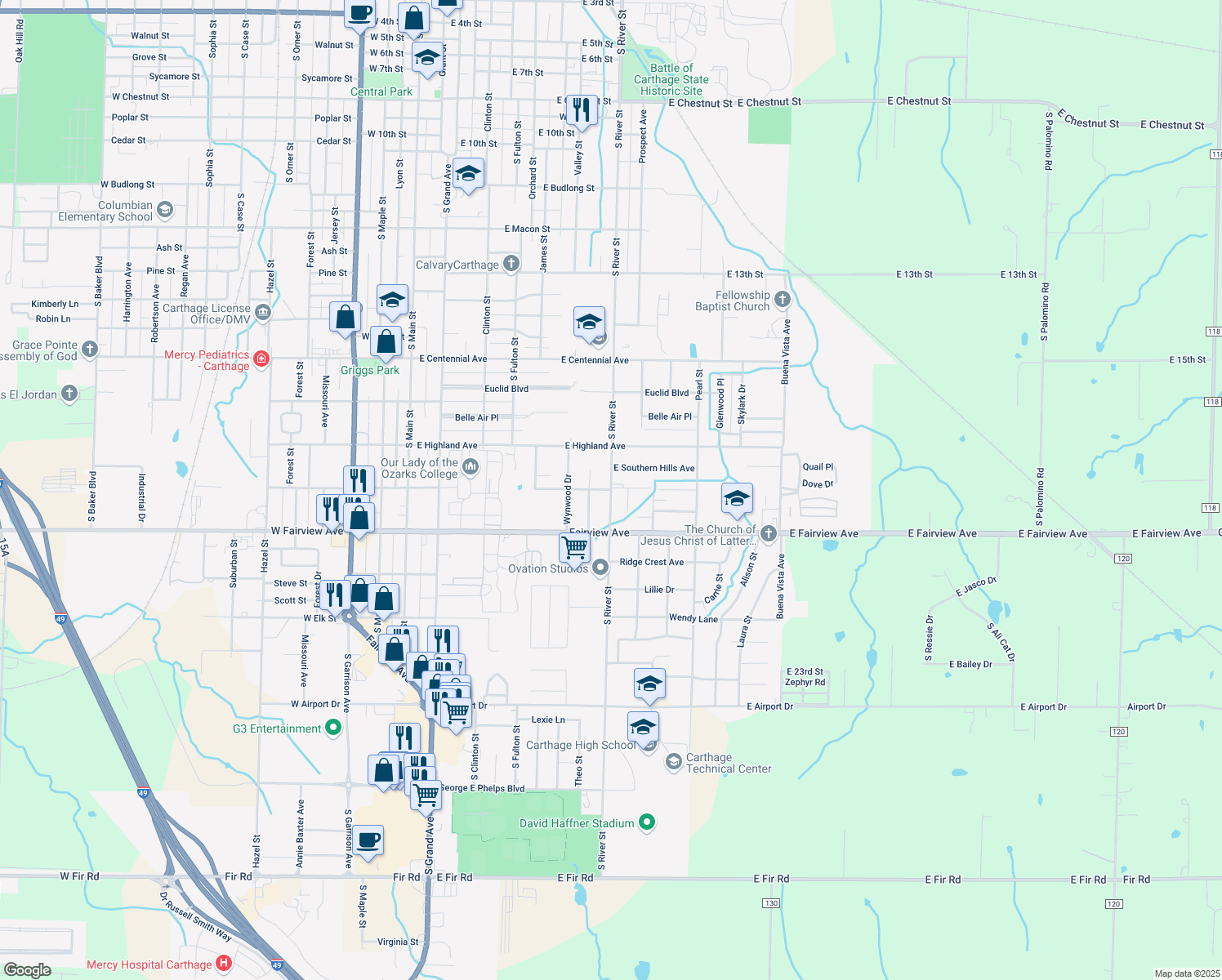 map of restaurants, bars, coffee shops, grocery stores, and more near 899 E College Ave in Carthage