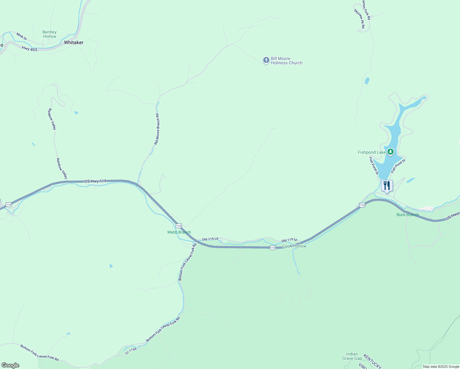 map of restaurants, bars, coffee shops, grocery stores, and more near Webb Branch Road in Jenkins