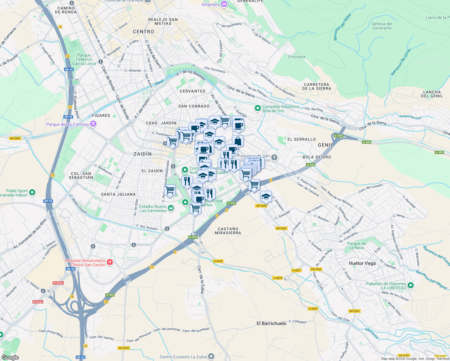 map of restaurants, bars, coffee shops, grocery stores, and more near 15 Plaza Gertrudis Gómez de Avellaneda in Granada
