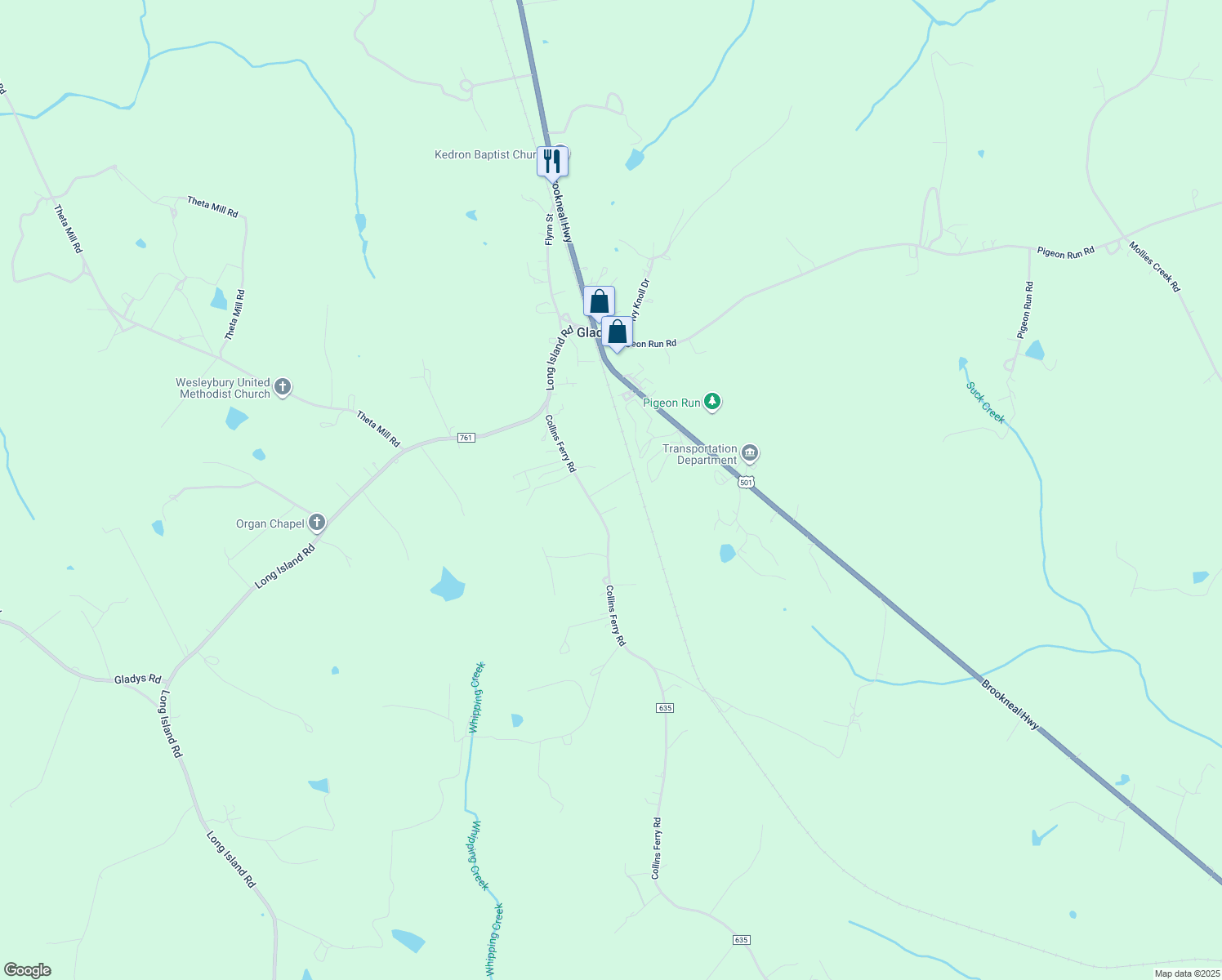 map of restaurants, bars, coffee shops, grocery stores, and more near 328 Collins Ferry Road in Gladys