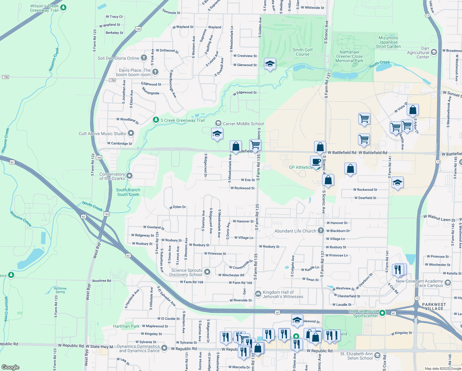 map of restaurants, bars, coffee shops, grocery stores, and more near 3261 W Rockwood St in Springfield