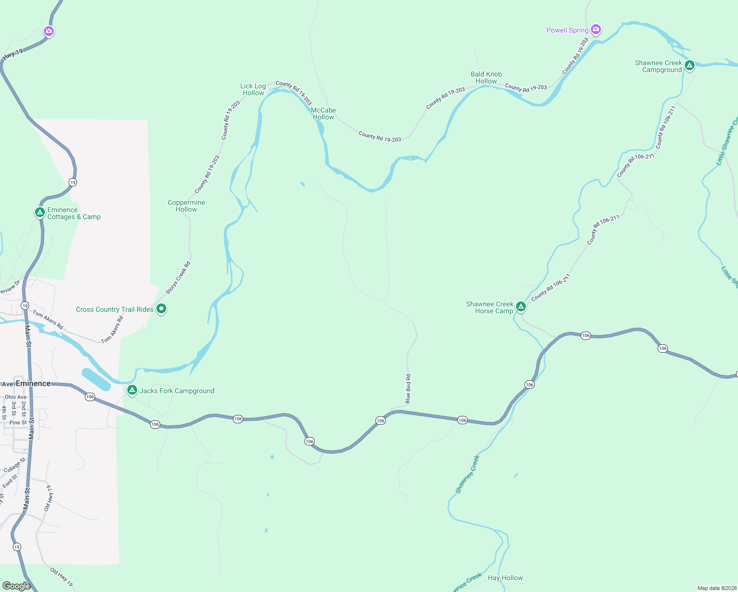 map of restaurants, bars, coffee shops, grocery stores, and more near Blue Bird Road in Shannon County