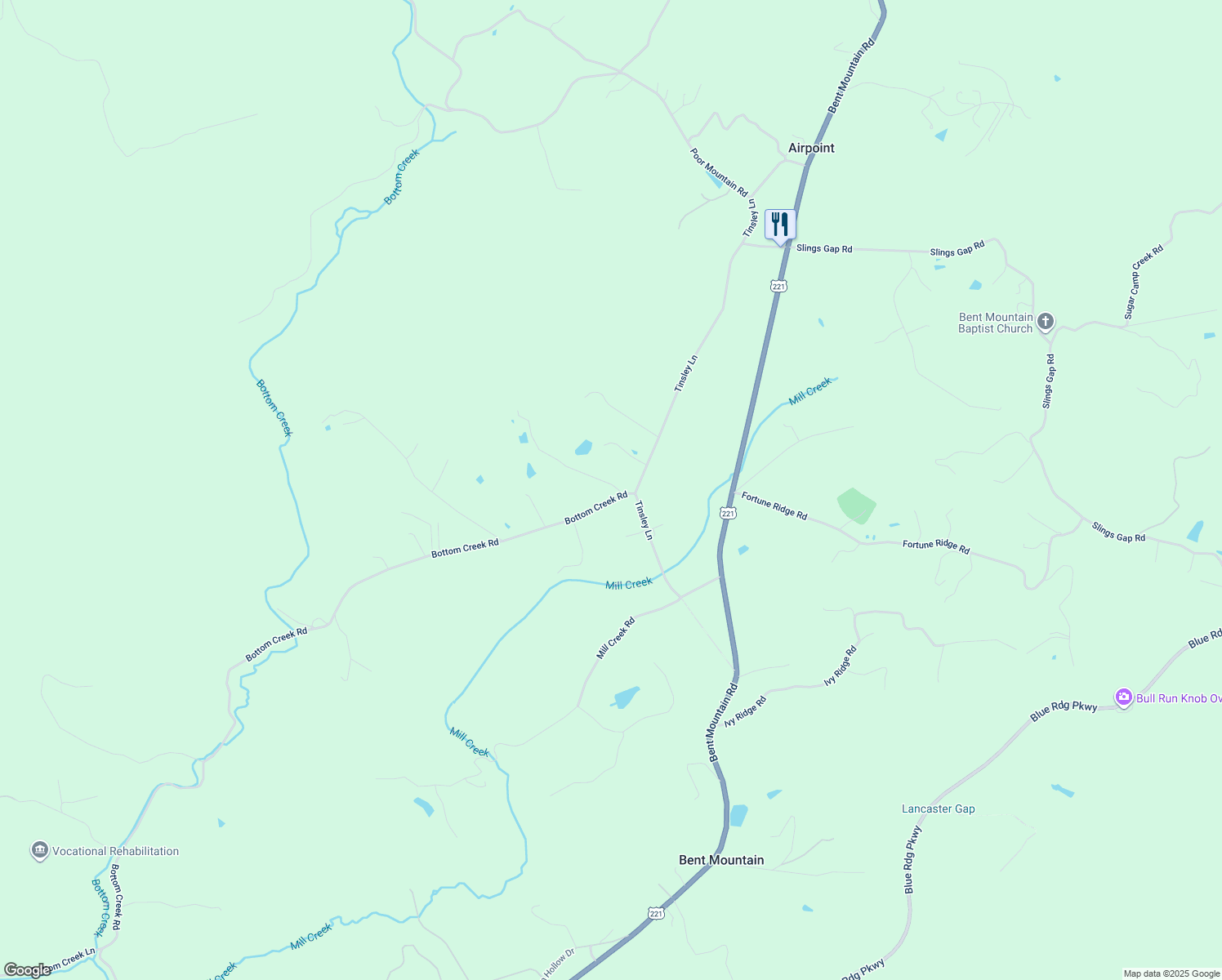 map of restaurants, bars, coffee shops, grocery stores, and more near 10127 Bottom Creek Road in Bent Mountain