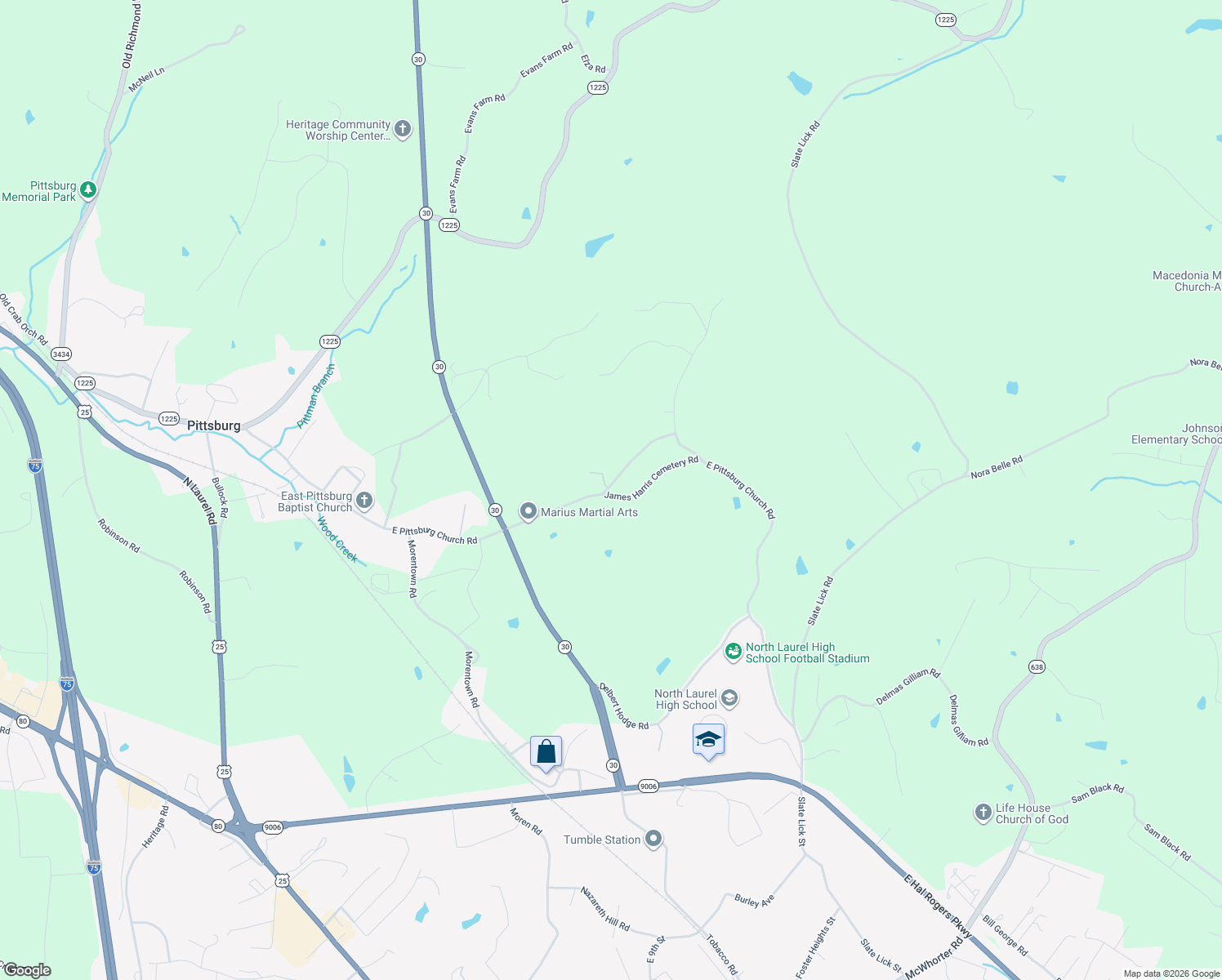map of restaurants, bars, coffee shops, grocery stores, and more near 1172 East Pittsburg Church Road in London