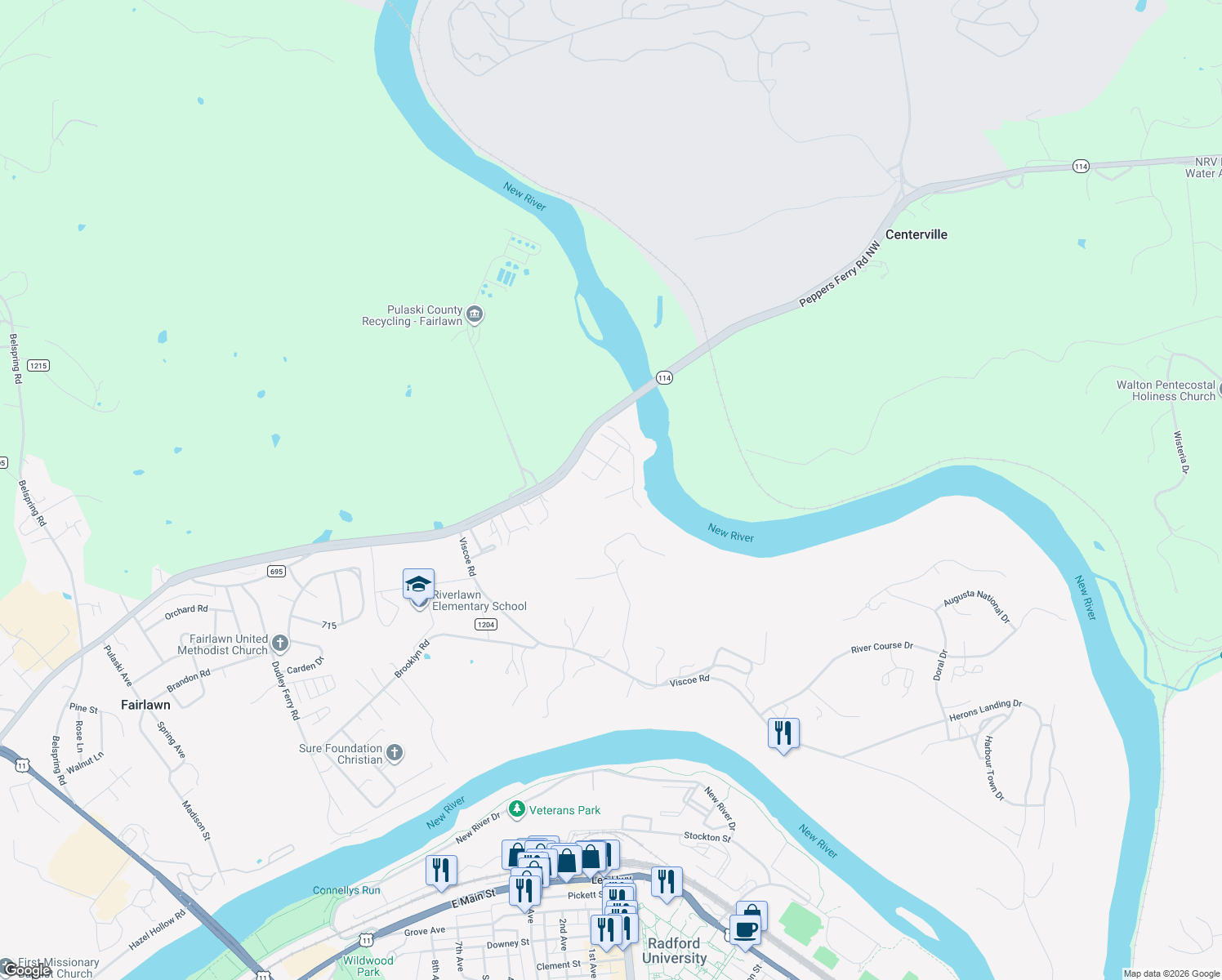 map of restaurants, bars, coffee shops, grocery stores, and more near 6871-6883 Flower Land Lane in Fairlawn