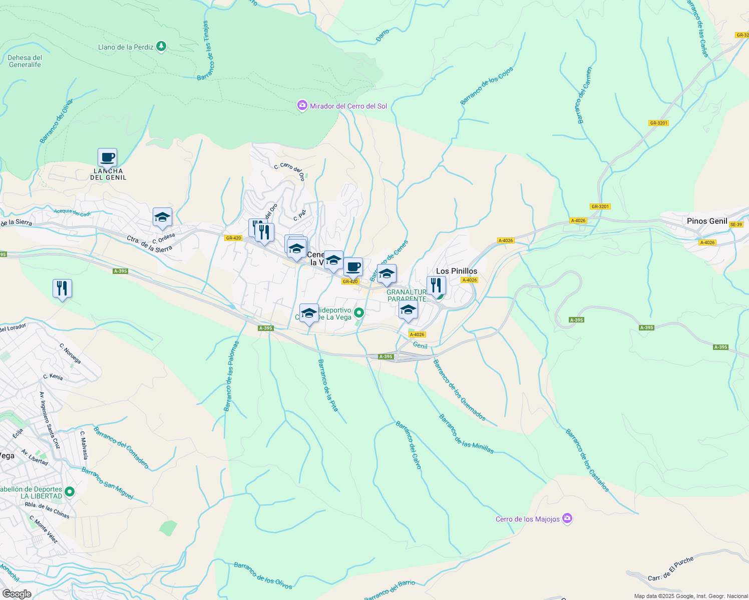 map of restaurants, bars, coffee shops, grocery stores, and more near Camino de las Fuentezuelas in Cenes de la Vega