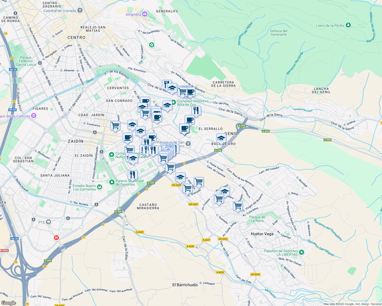 map of restaurants, bars, coffee shops, grocery stores, and more near 11 Calle Valle de Riofrío in Granada
