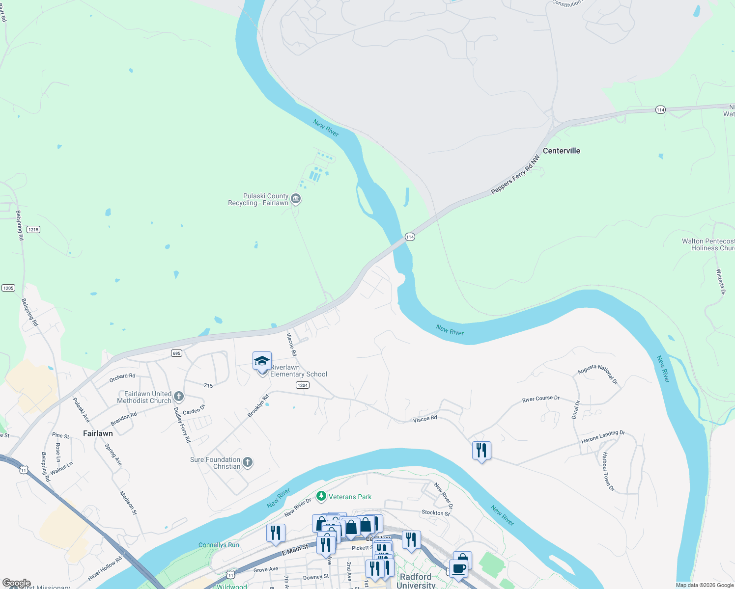 map of restaurants, bars, coffee shops, grocery stores, and more near 6883 Flower Land Lane in Fairlawn