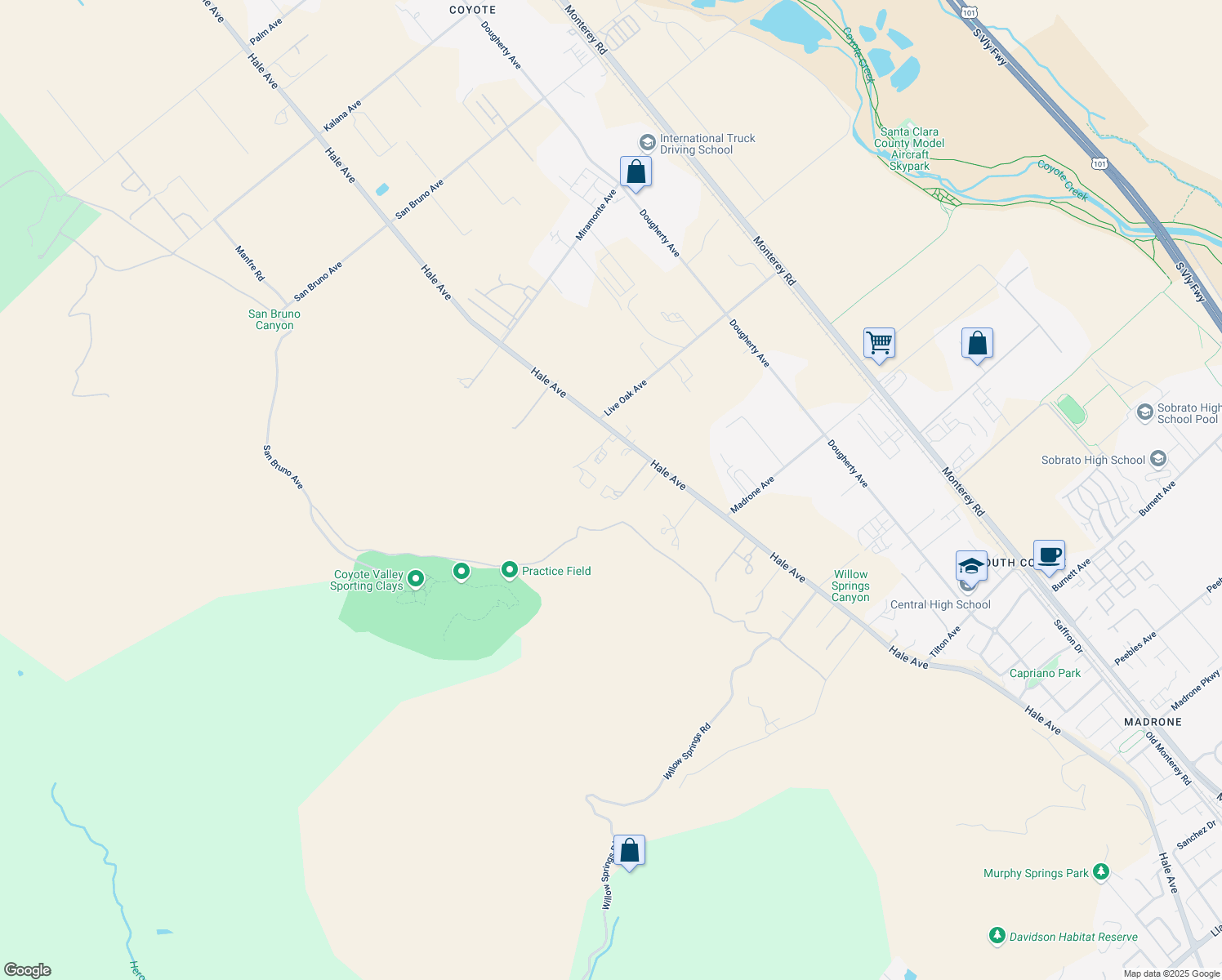 map of restaurants, bars, coffee shops, grocery stores, and more near 10767 Hale Avenue in Morgan Hill