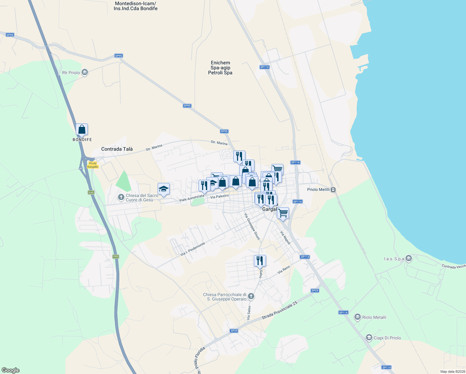 map of restaurants, bars, coffee shops, grocery stores, and more near in Priolo Gargallo