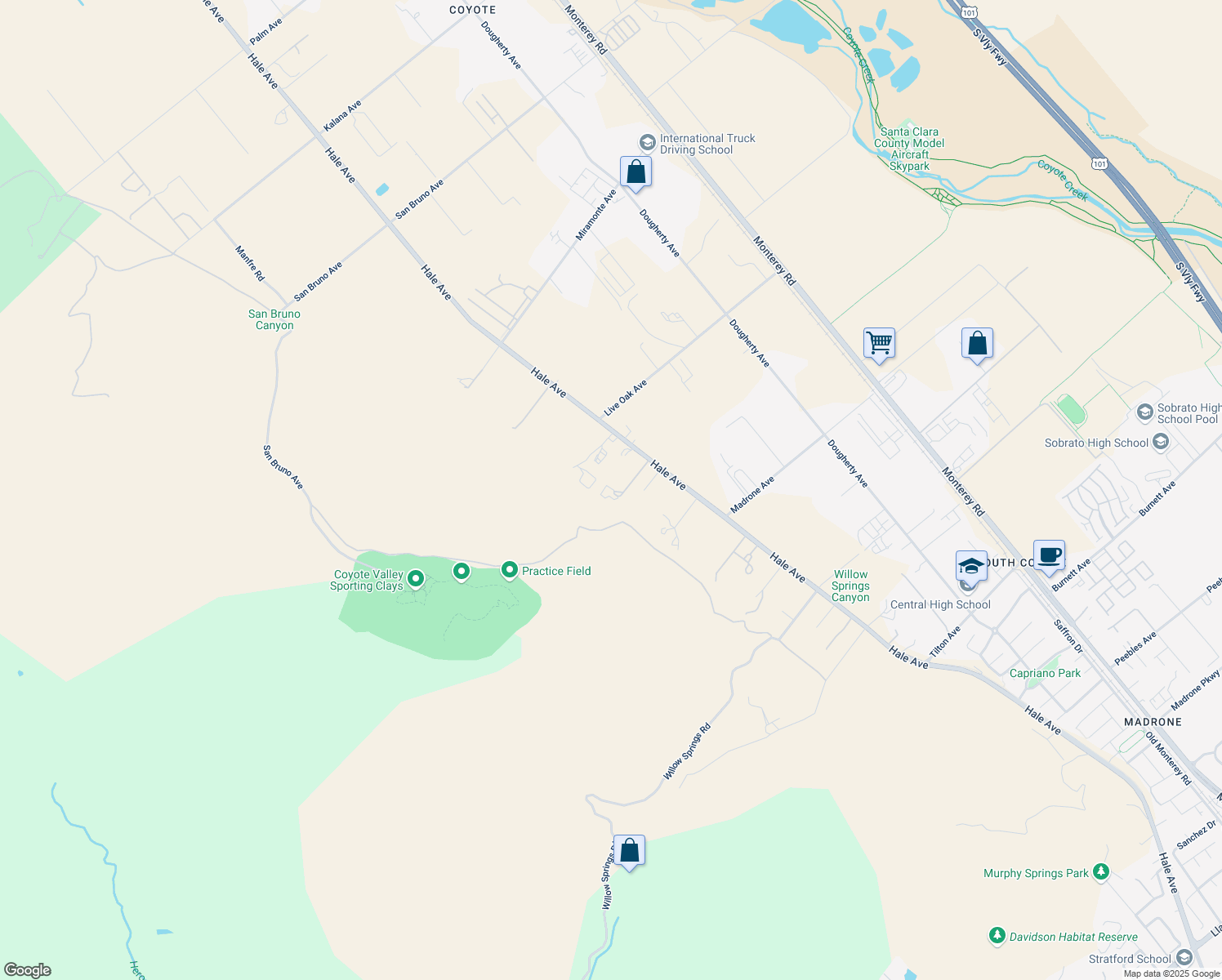 map of restaurants, bars, coffee shops, grocery stores, and more near 652 Hale Avenue in Morgan Hill